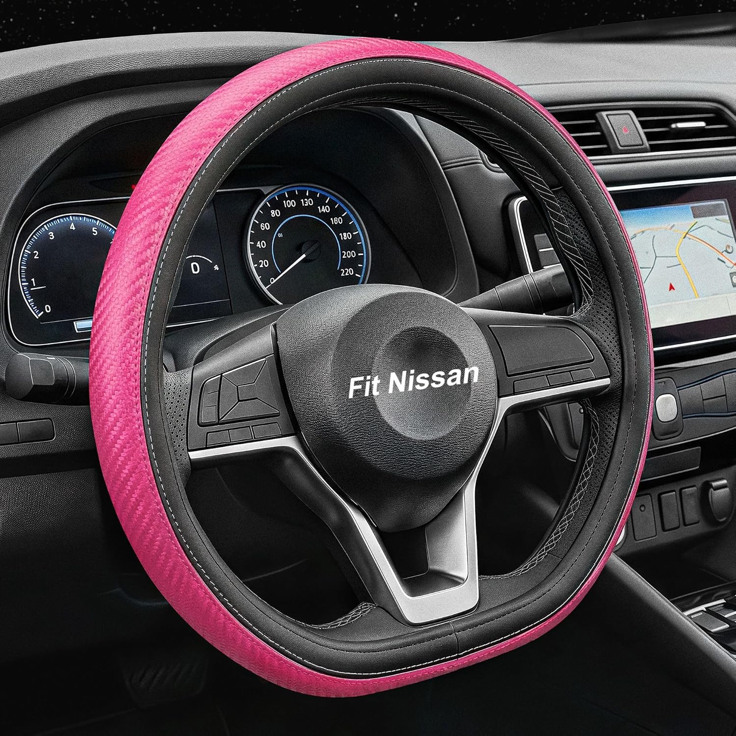for Nissan Rogue, Altima, Kicks, Frontier, Pathfinder Leather Steering Wheel Cover(14.5"-15" inch, D-Black+Pink)