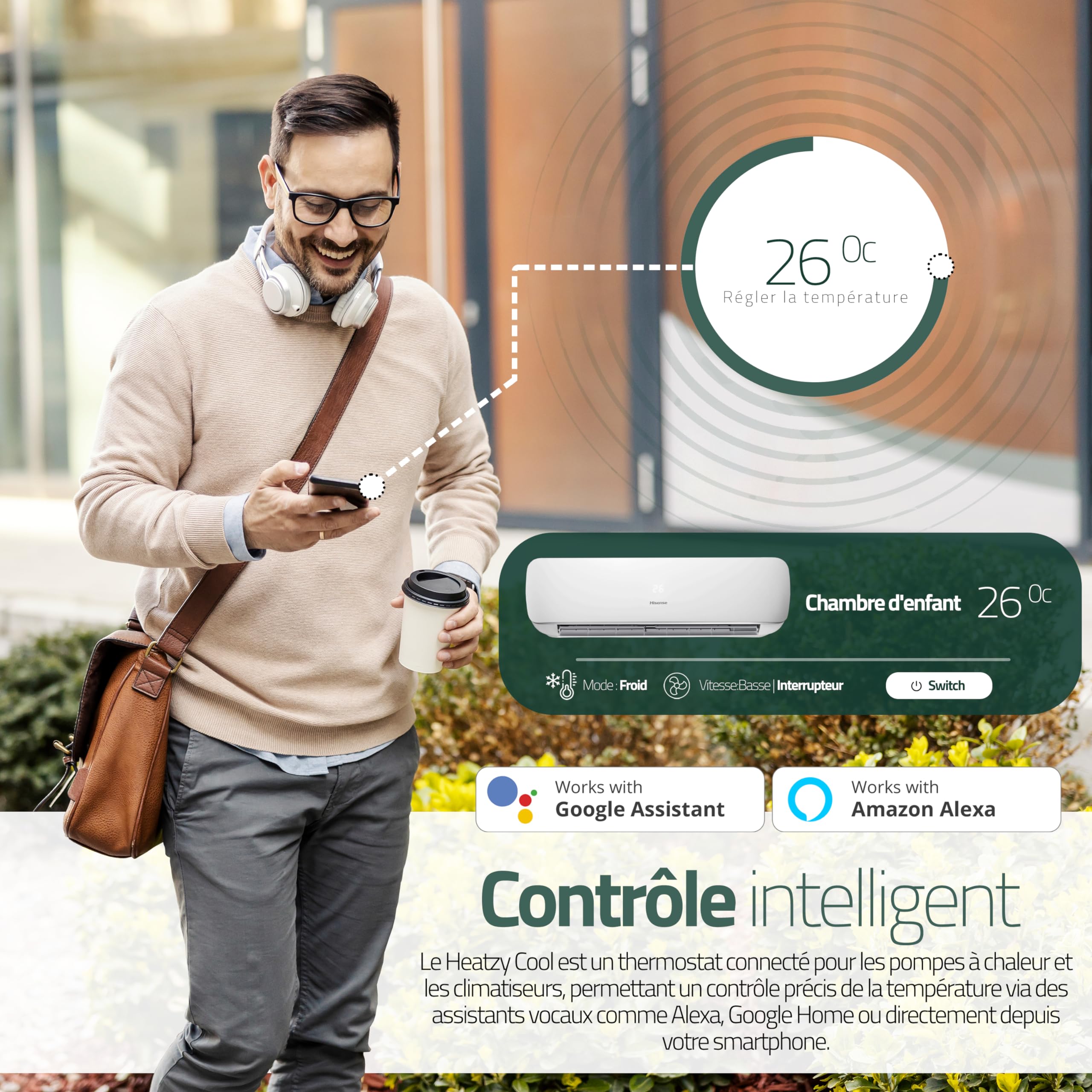 Heatzy Cool : Thermostat Connecté WiFi - Contrôleur Intelligent sans Fil pour Pompe à Chaleur et Climatiseur - Compatible Alexa, Google Home - Efficacité énergétique