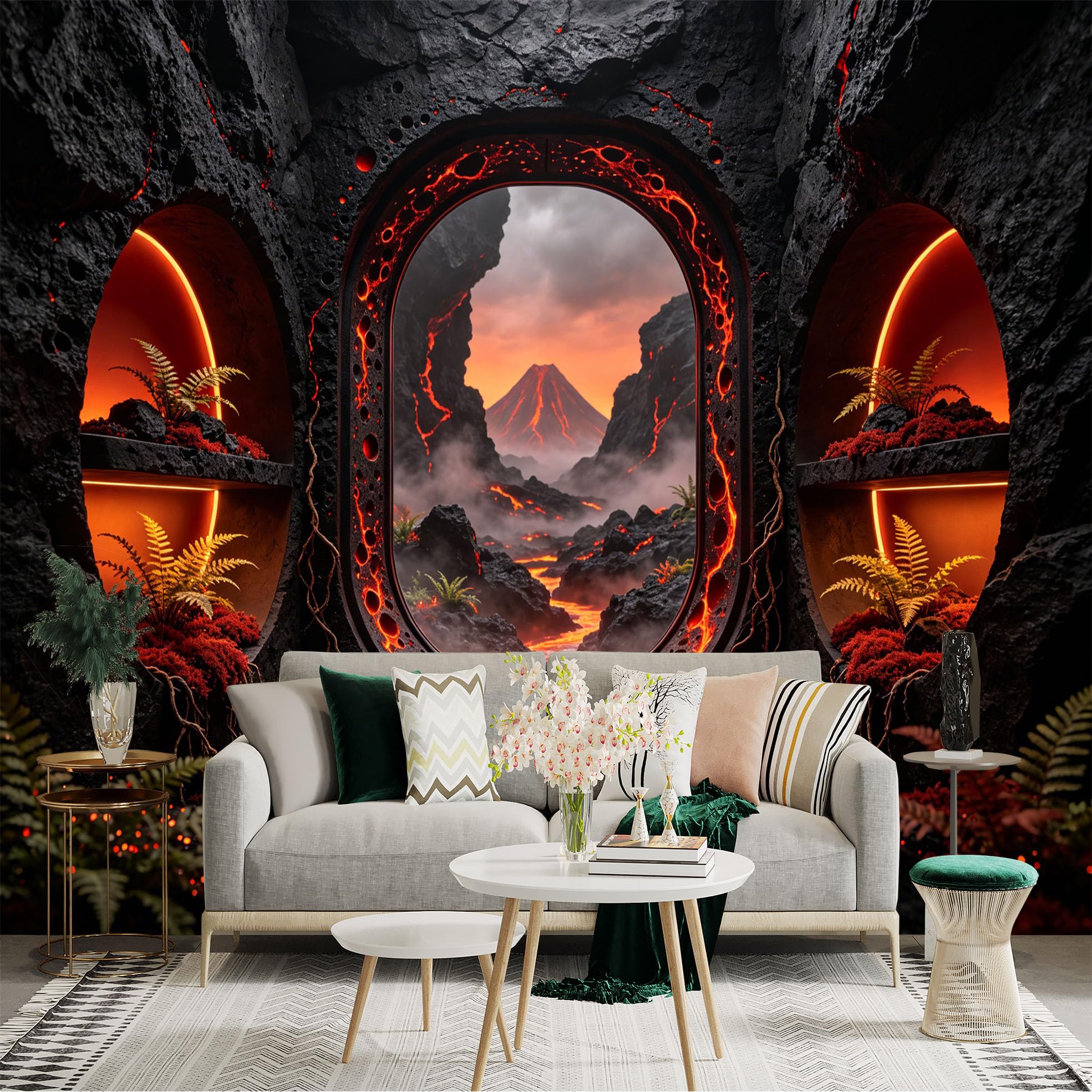 Custom Size Wall Sticker Mural， Futuristic Volcano Landscape with Lava Stream and Glowing Ferns， for wall Decoration， peelandstick wall Decals.