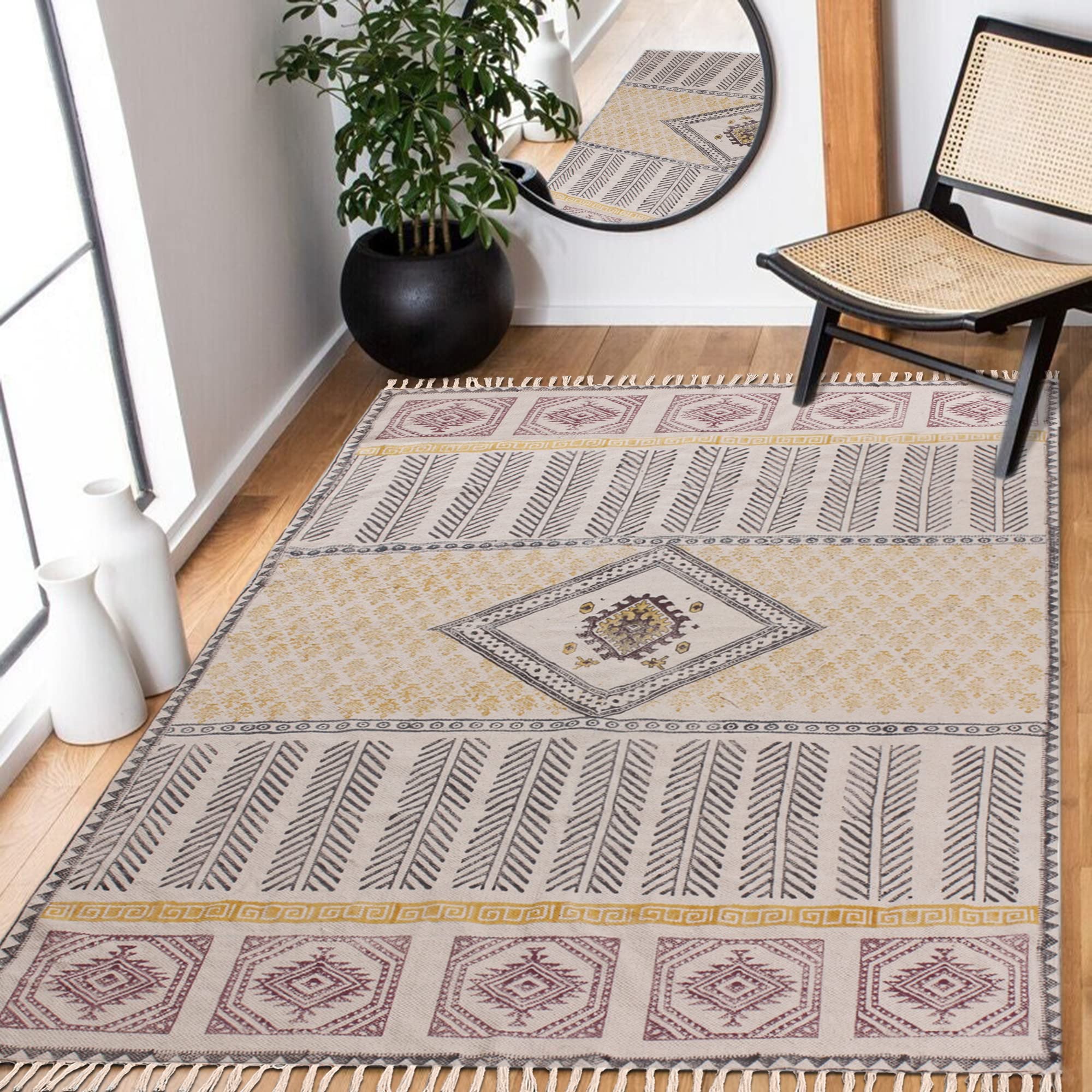 Tappeto da bagno in cotone intrecciato a mano con nappe e stampa a blocchi di mano, per interni, per camera da letto, soggiorno, dimensioni personalizzate, quadrato, 60 x 90 cm