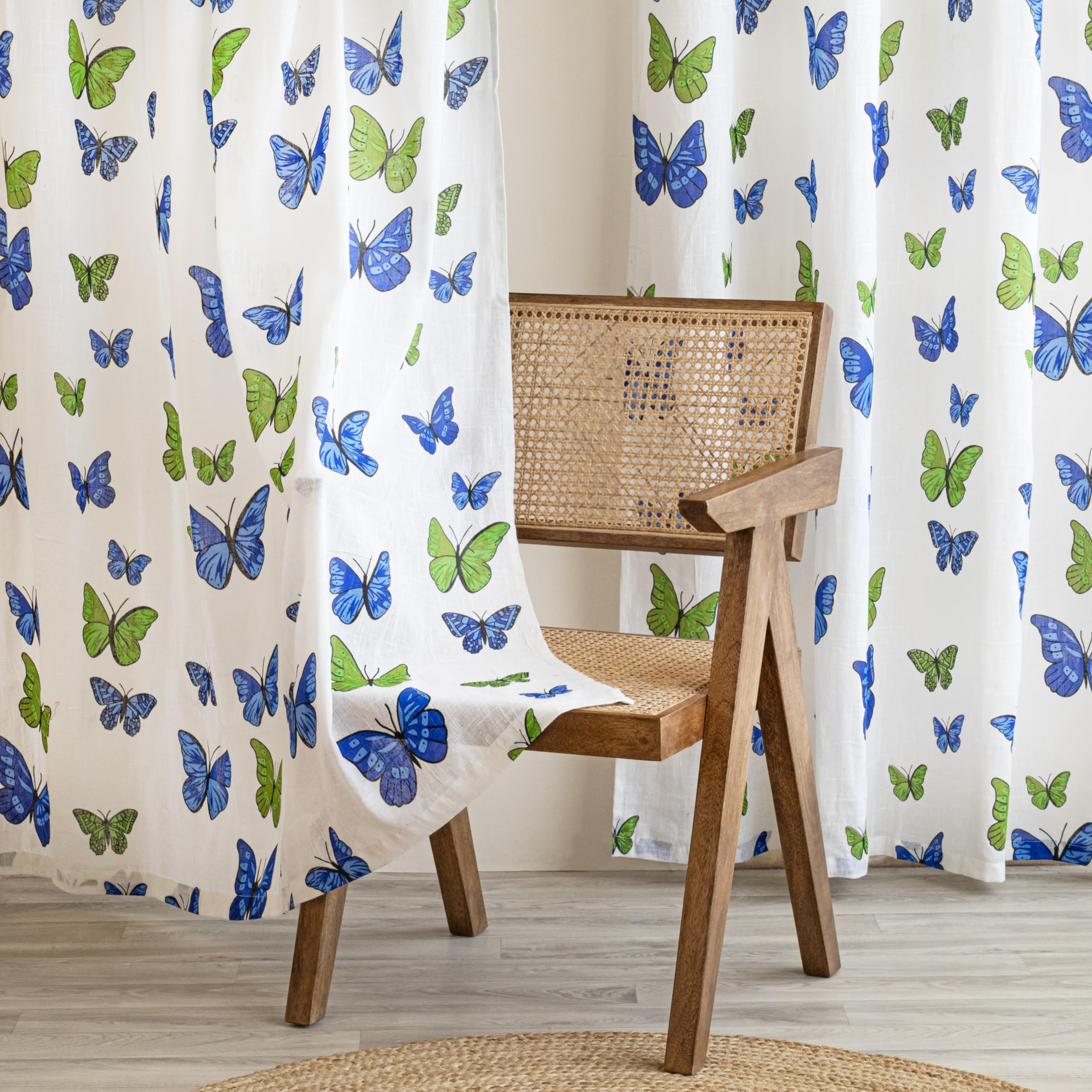 HOMEMONDE Faux Linen Sheer Door Curtain 7 Feet - Transparent Curtain Set of 2, Butterfly Printed, Hangs with Eyelets - (L 7FT x W 4.5FT)