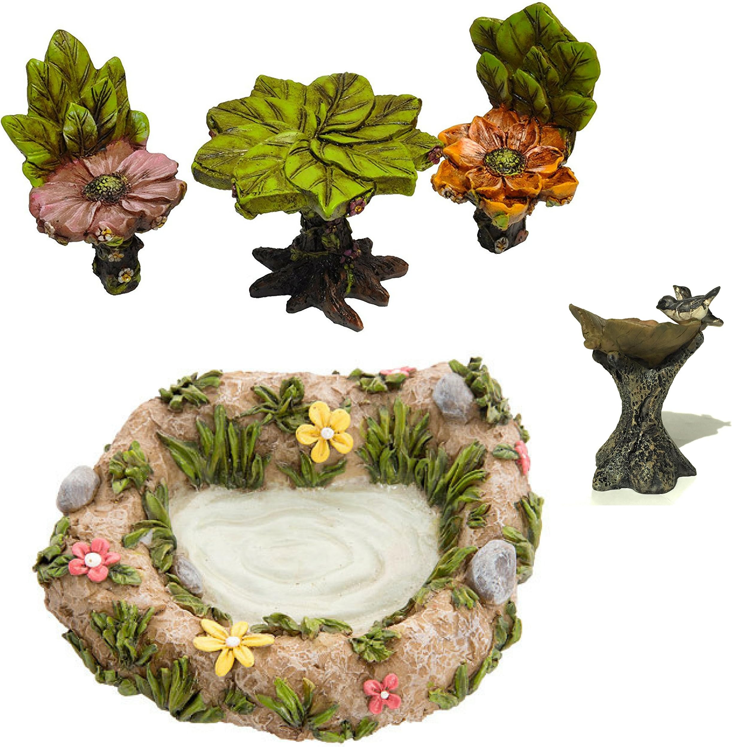 Miniature Fairy Garden Furniture and Accessories: Pond, Birdbath, Bistro Table and Chairs Set -5 Pieces