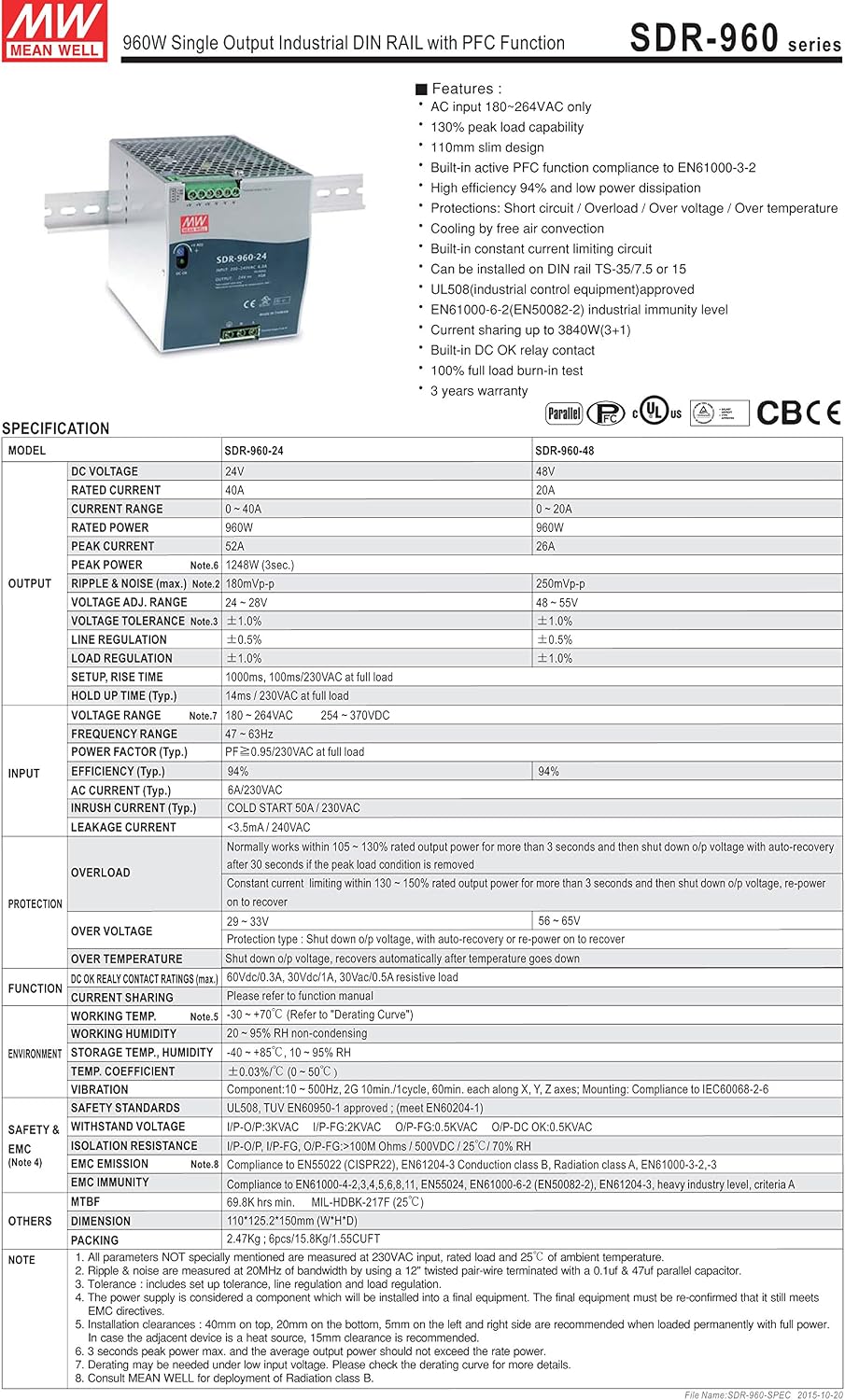 Mean Well Original SDR-960-48 Single Output Industrial DIN Rail with PFC Function Power Supply 48V 20A 960W