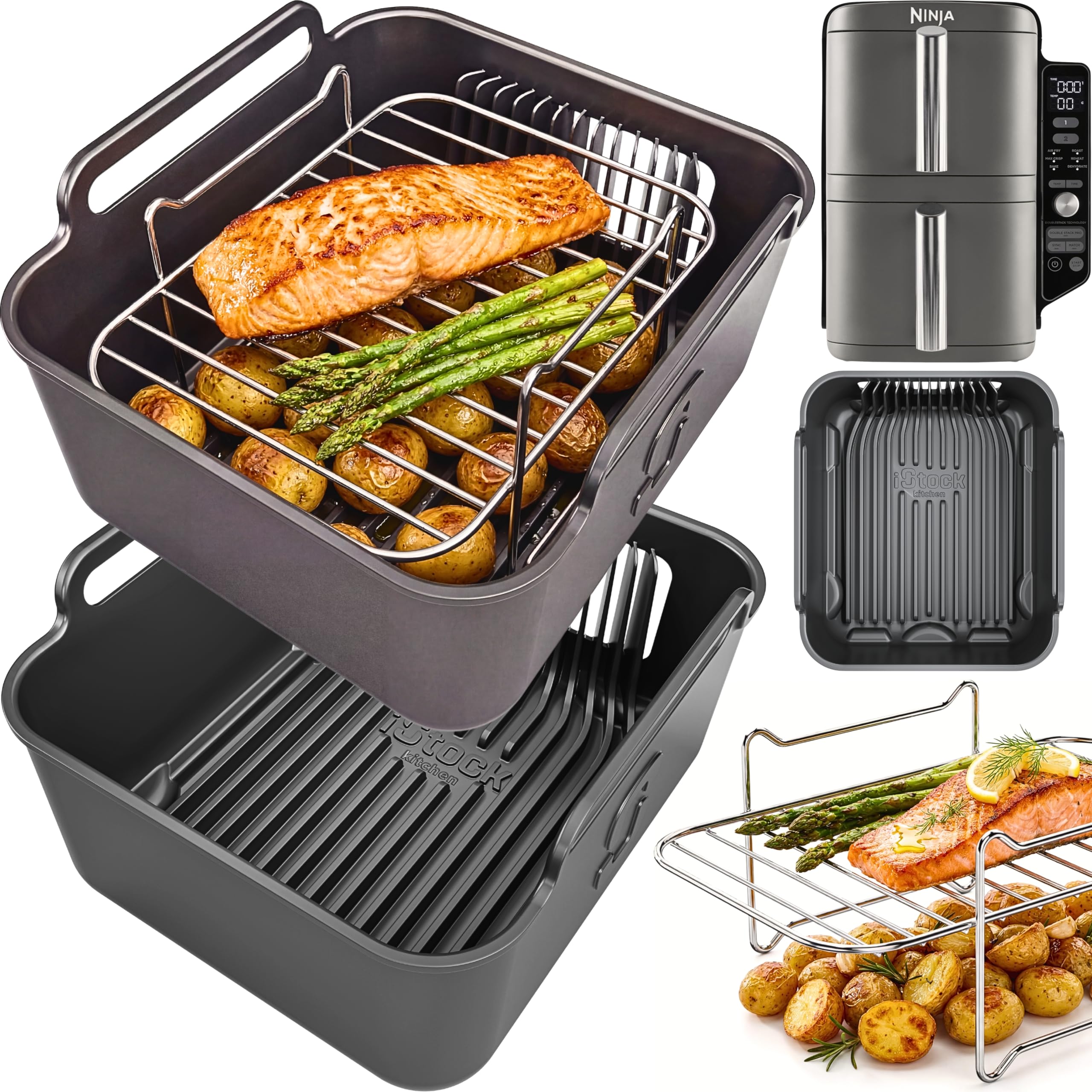 AirFlow Pro™ Ninja SL400UK Silicone Liners + Racks | Double Stack XL 9.5L | 3mm Thick, 15mm Raised Ridges for Crisp Cooking | 304 Stainless Steel Racks | SL400 Accessories | by iStock Kitchen