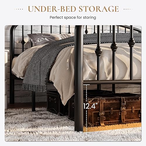 Miniatura 5 de SHA CERLIN Marco de cama de plataforma de metal tamaño individual con cabeceroestribo de hierro forjado estilo victoriano, no requiere somier, color