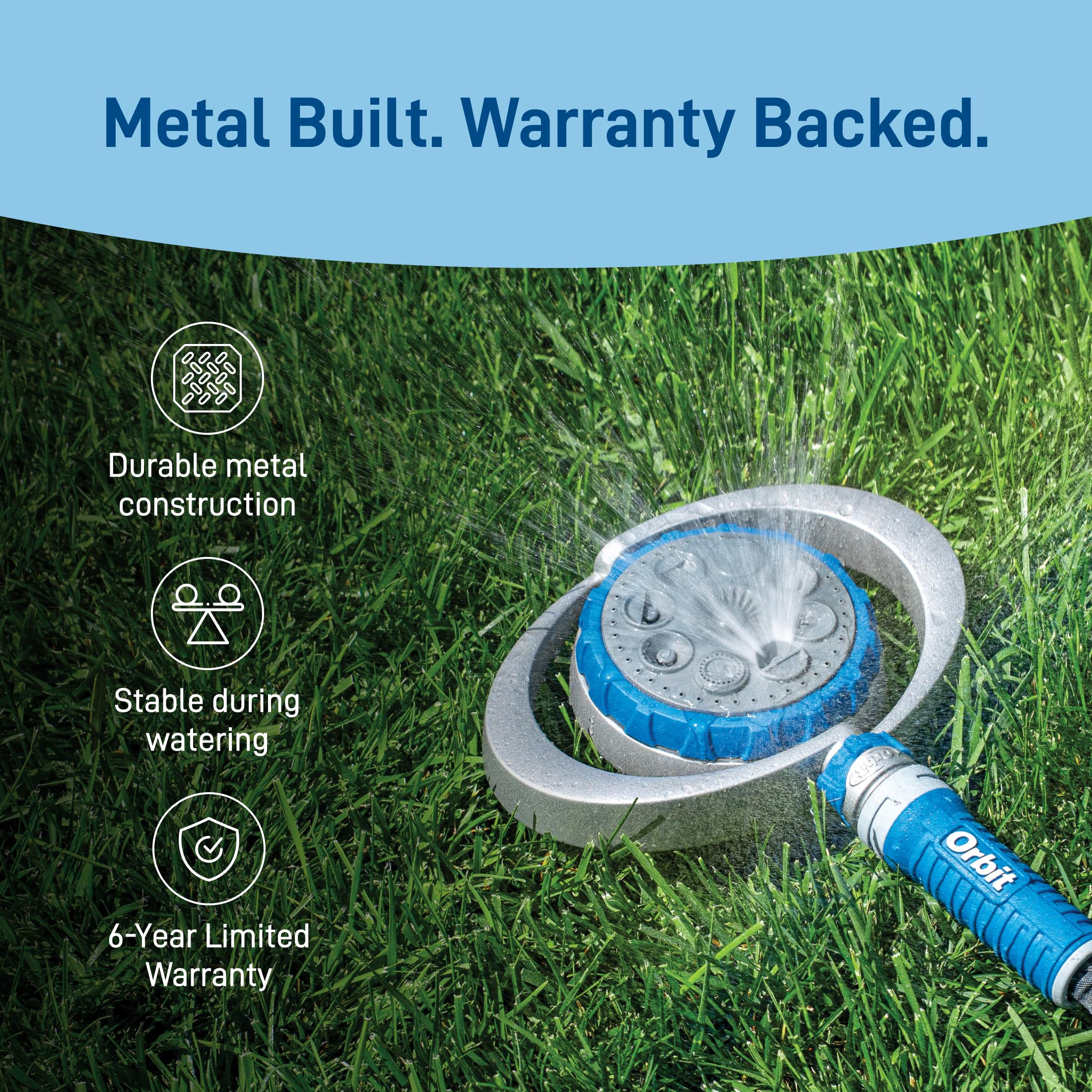 Orbit 28252 metalowy zraszacz z 8 wzorami, regulowany natrysk, podstawa obciążeniowa, pokrywa do 10,7 m