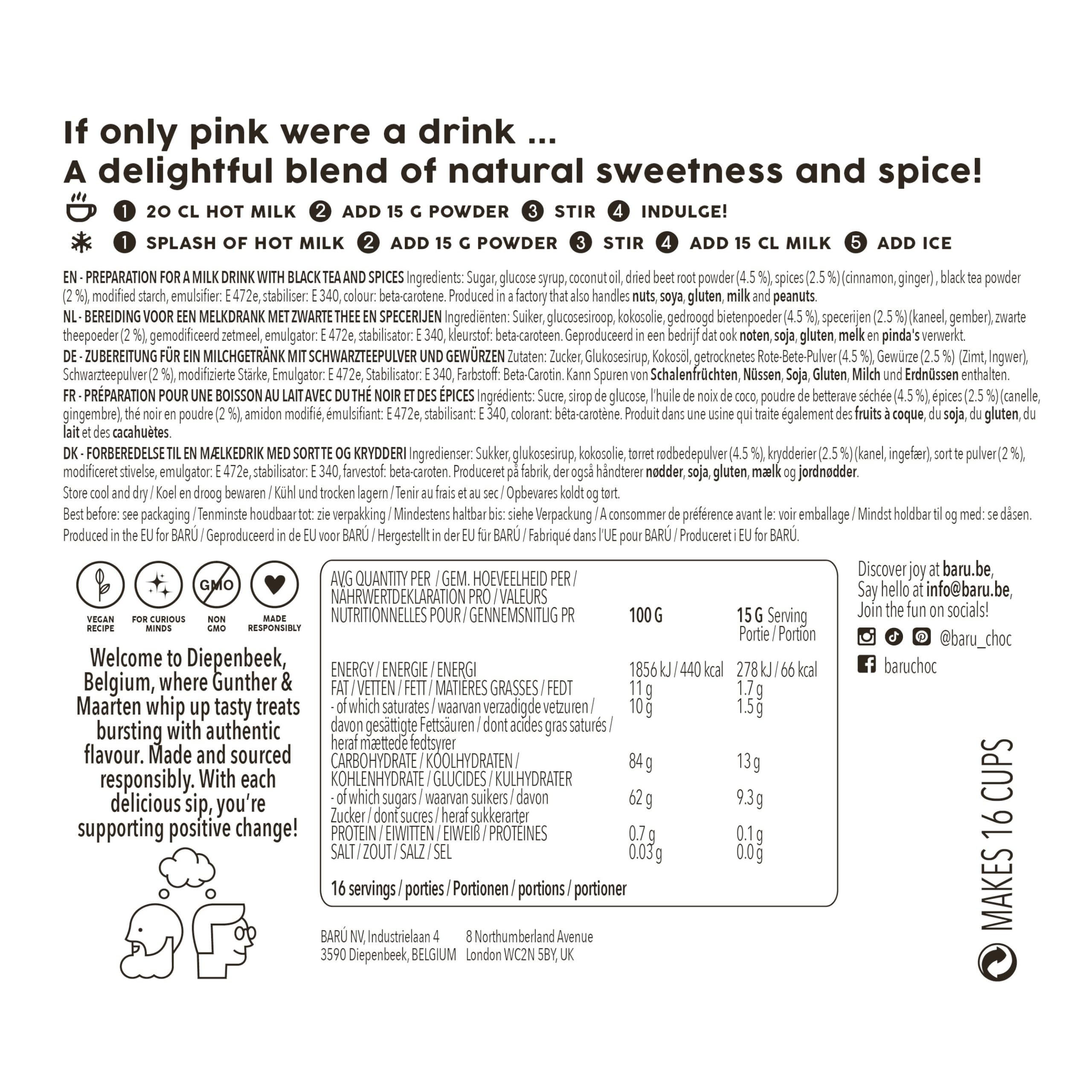 Barú Pink Chai Latte – Pack de 4 x 250 g – Préparation instantanée au thé noir, épices & betterave – Vegan, naturel, sans arômes artificiels – 48 tasses – Fait main en Belgique