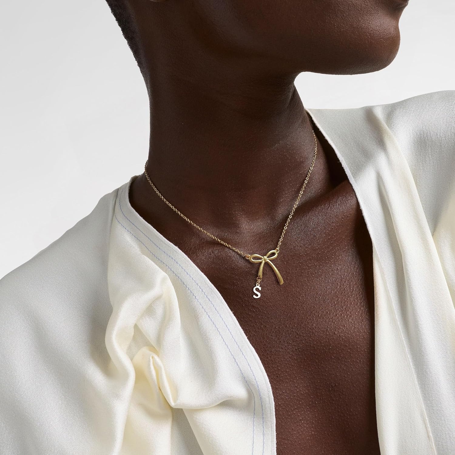 14K Gold Plated Necklace for Women, Bow Necklace Dainty Small Tiny Letter Pendant Necklace Stainless Steel Waterproof Trendy Cute Bow Necklaces Monogram Name Choker Jewelry Gift - Image 2