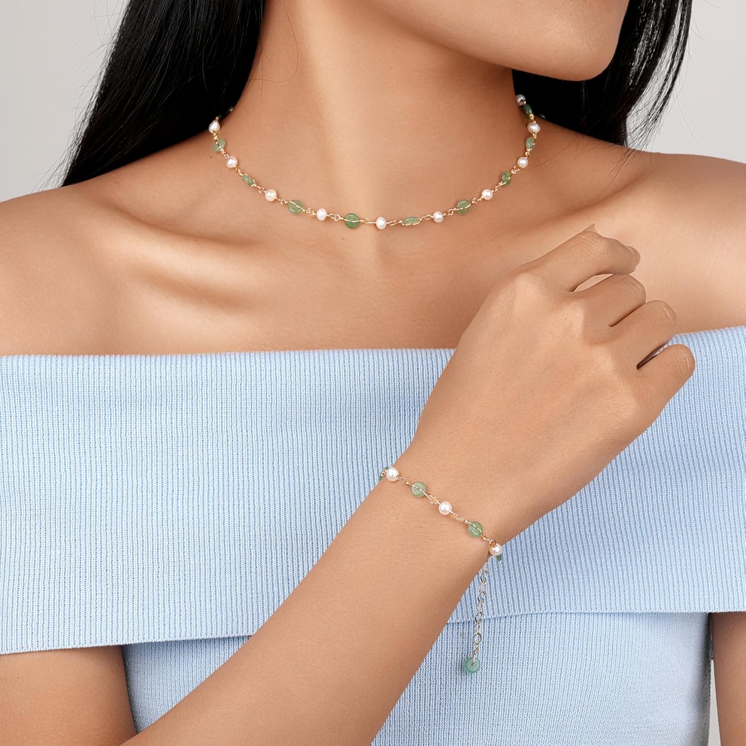 14K Gold Plated Natural Jade & Pearls Necklaces Bracelet for Women, Natural Freshwater Pearls Pendant, Lucky Green Jade Jewelry Set for Mom Lover Her (14K Gold Plated) - Image 4