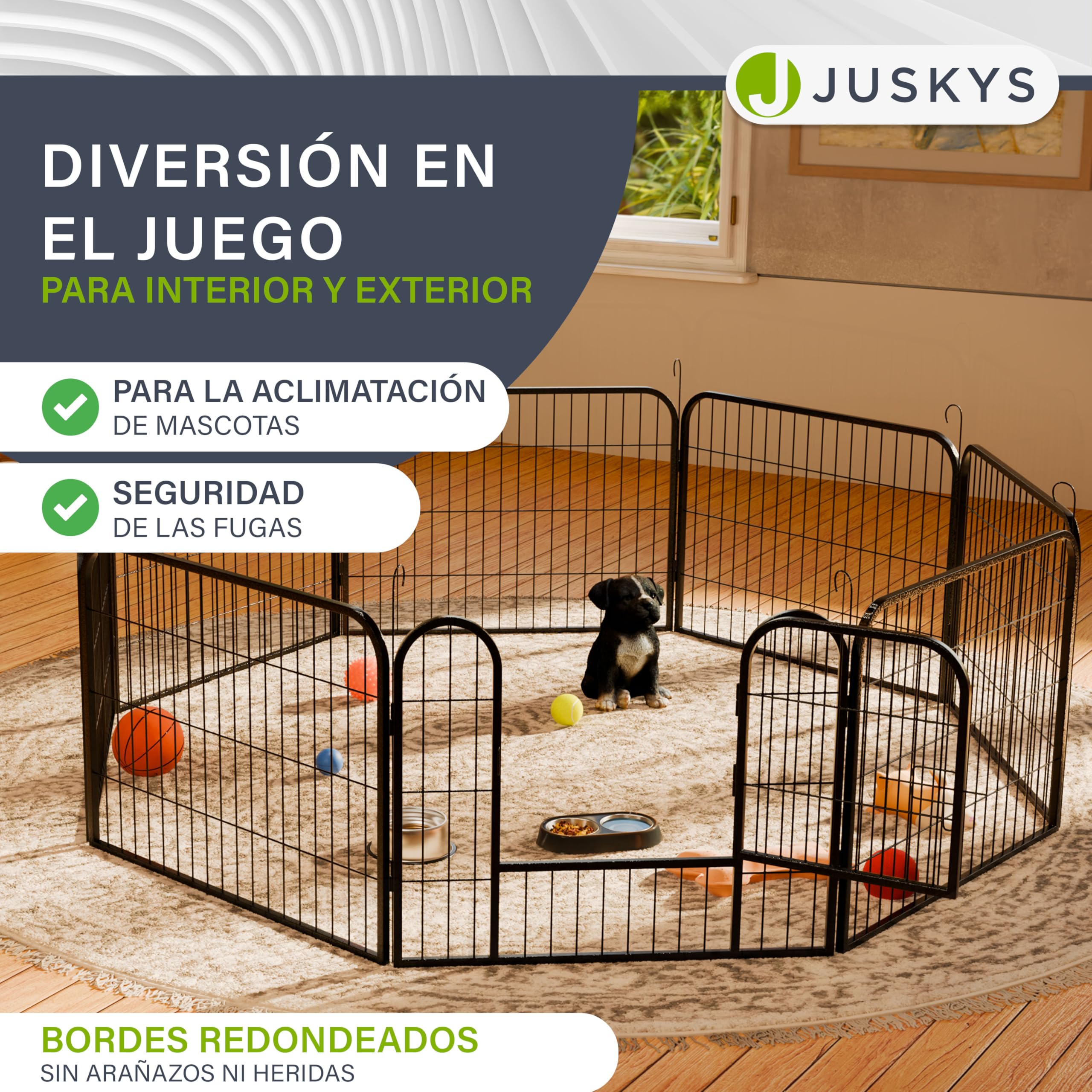 Juskys recinto para cachorros - Parque para cachorros 8 piezas de metal - recinto con puerta - Rejilla para cachorros, conejos y animales pequeños (160 x 160 x 60 cm)