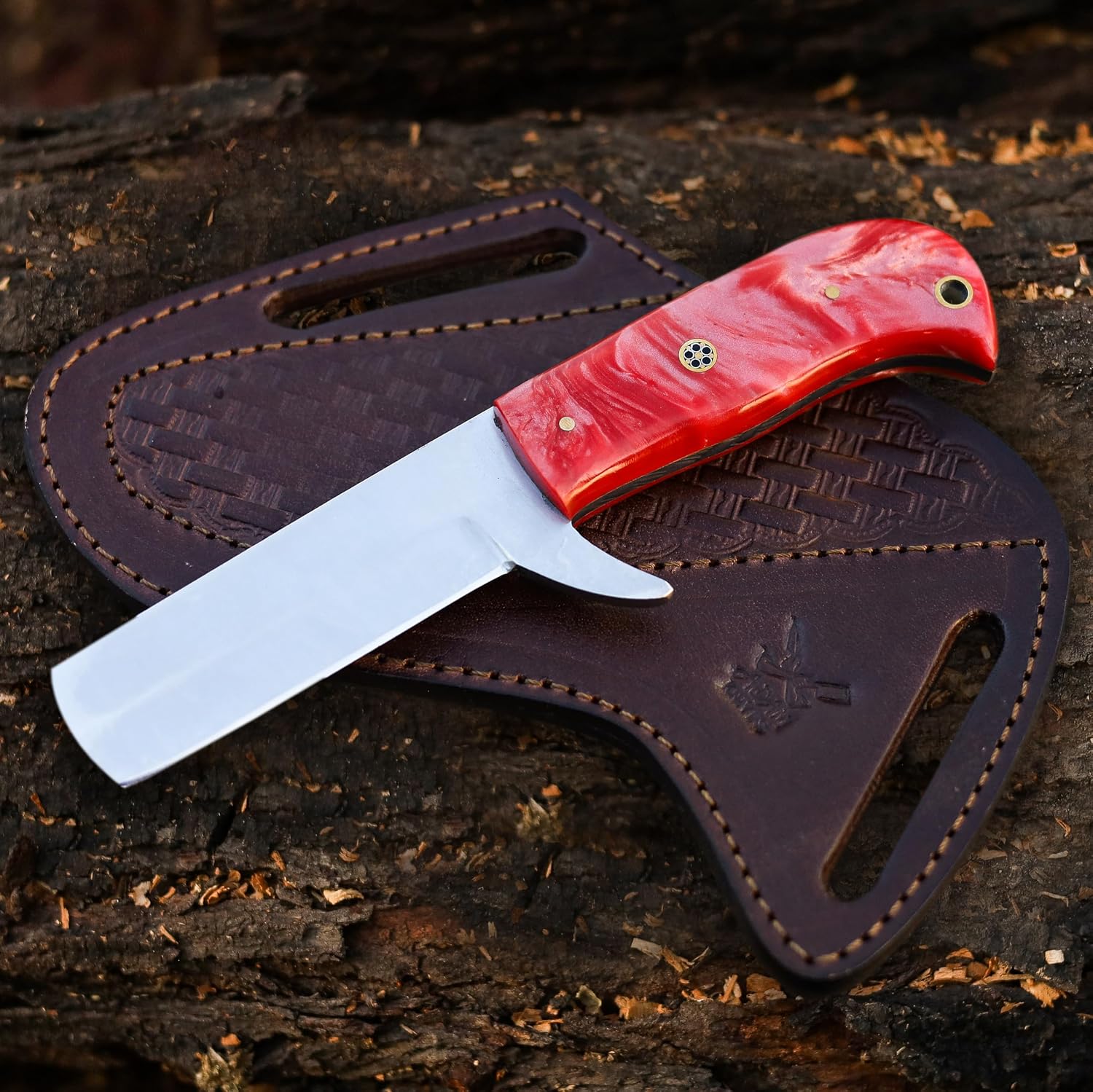 Custom Handmade 7'' fixed blade Steel Cowboy knife,Bull cutter knife with pancake leather sheath (Red)