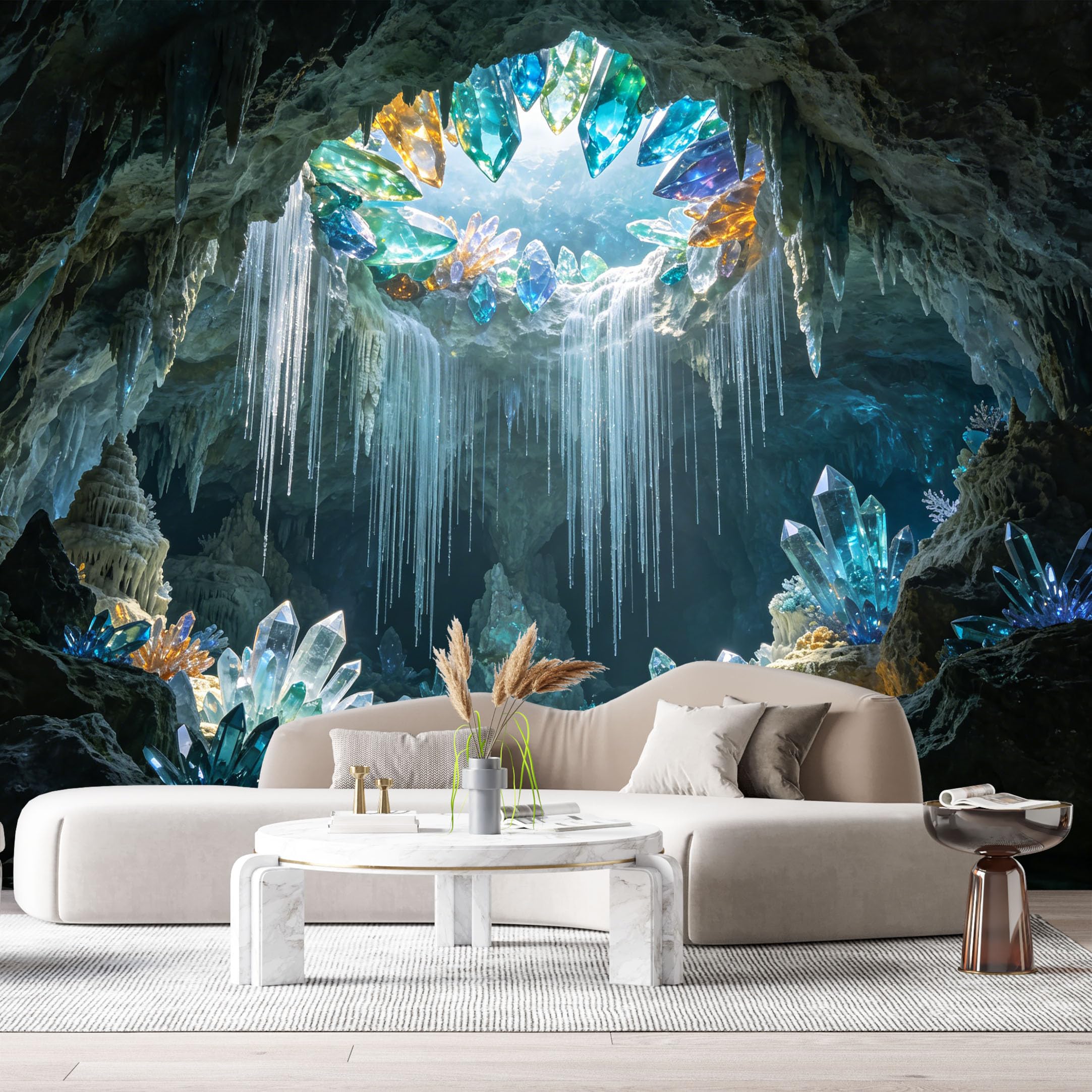 Custom Size Wall Murals 3D Trompe L'Oeil Crystal Cave Underground Lake Icicle Mineral Formation SelfAdhesive Wall Fabric Removable Large Wallpaper for Photo Living Room