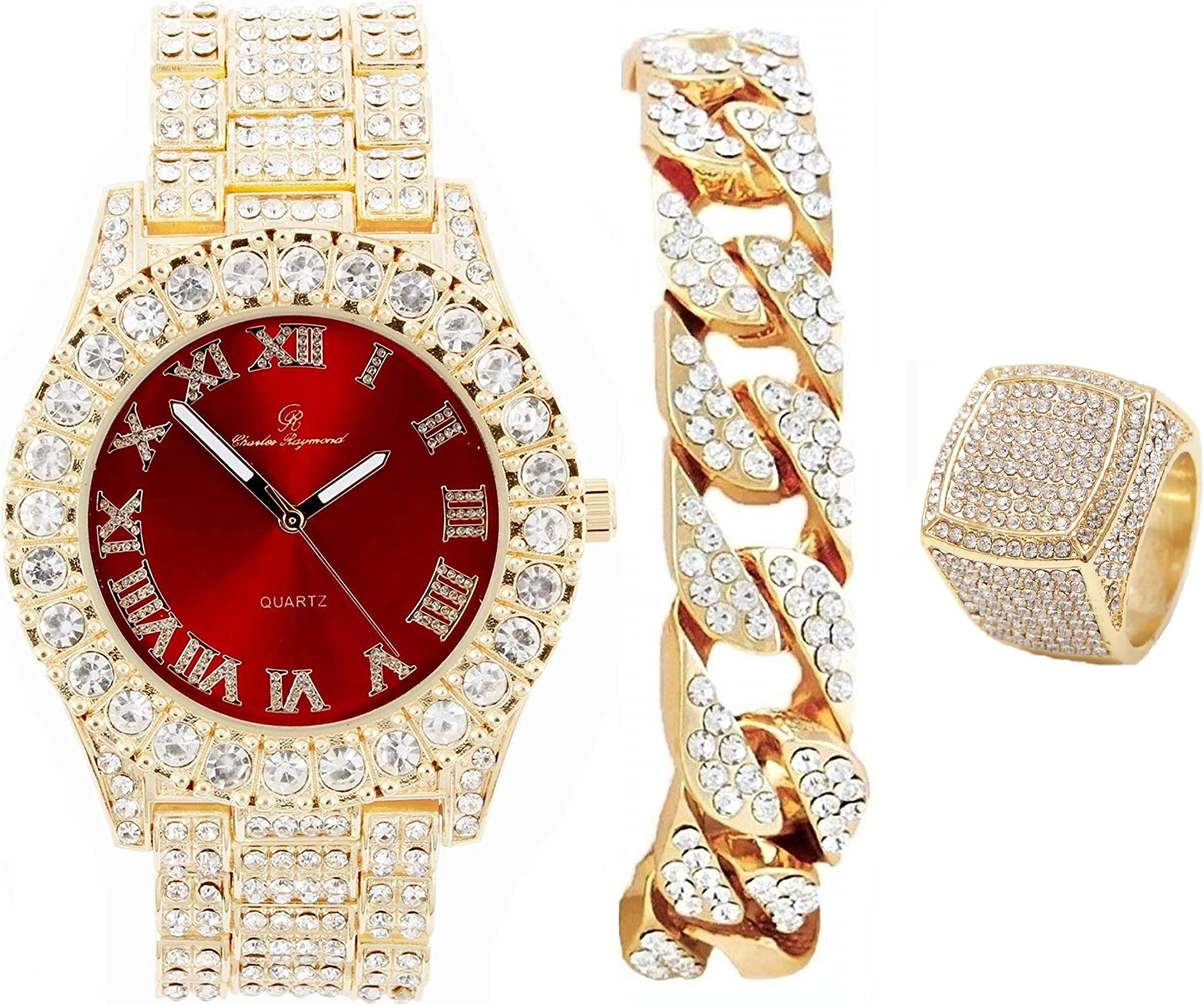 Mens Big Rocks Bezel - Dial with Roman Numerals Fully Iced Out Watch w/Cuban Chain Bracelet & Ring - ST10327 3pc Set