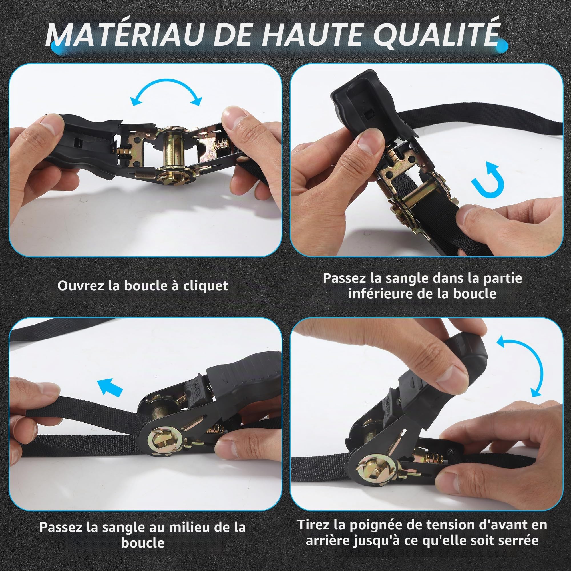 3 Pièces Noir Sangle a cliquet 6m x 25 mm, capacité de Charge de 1000 kg, Sangles à cliquer pour Camions, Voitures, Vélos, Sangle arrimage Din en 12195-2