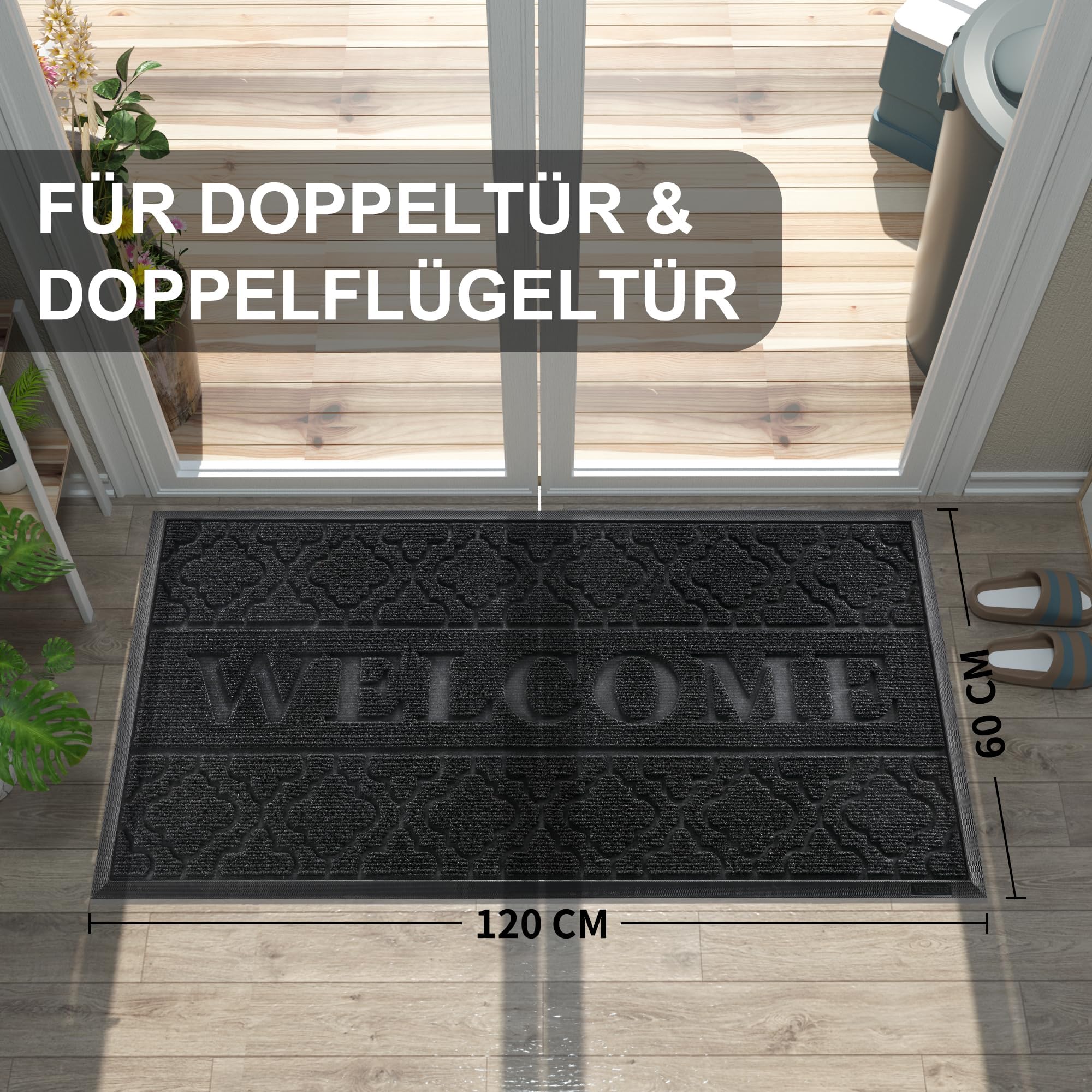 Yimobra Paillasson antidérapant lavable et résistant pour porte d'entrée, couloir, bureau - Noir - 120 x 80 cm - Idéal pour l'extérieur et l'intérieur