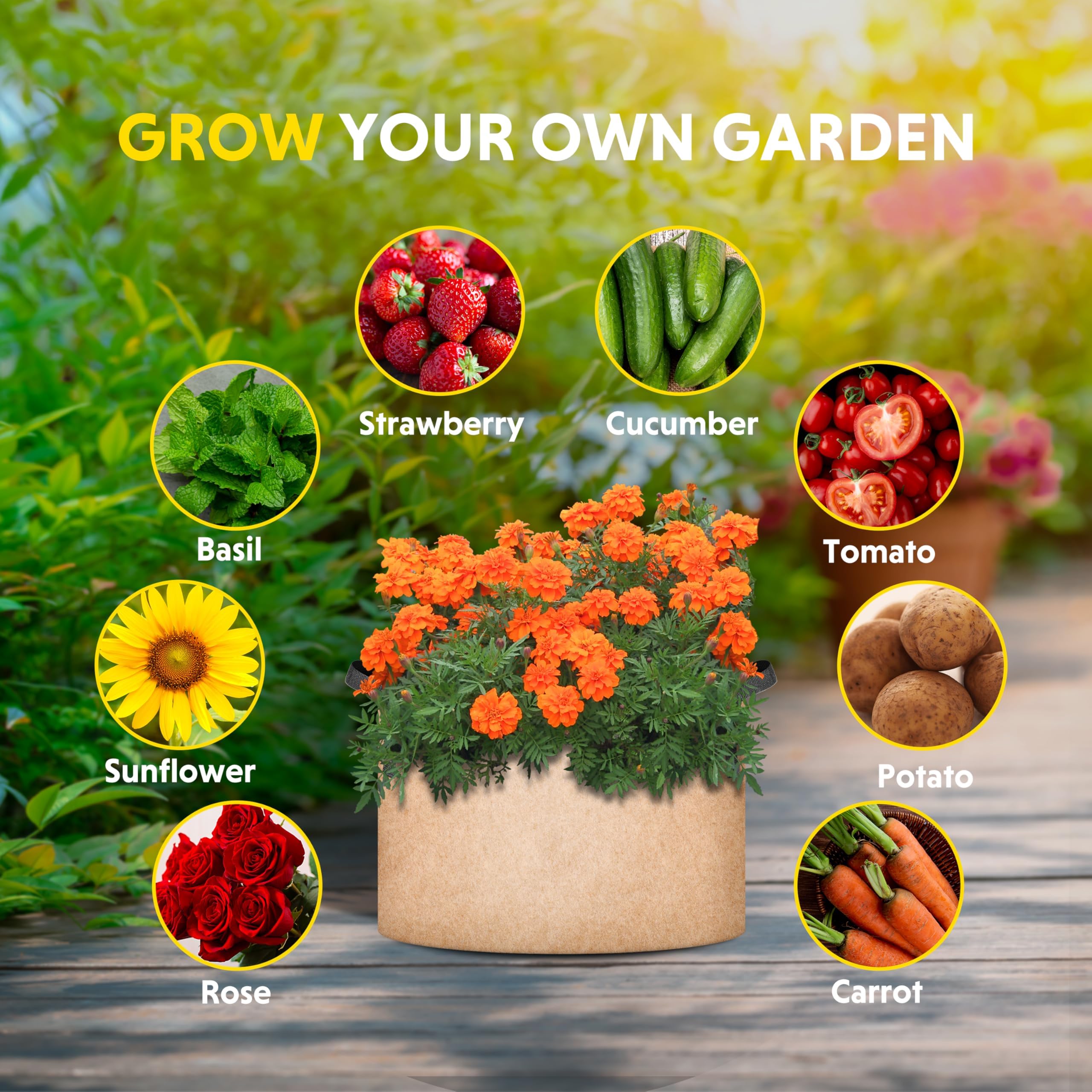 Simple Deluxe Con Asas, Bolsa no Tejida Gruesa Resistente con 6 Etiquetas para Plantas, 7 galones, 12 Unidades