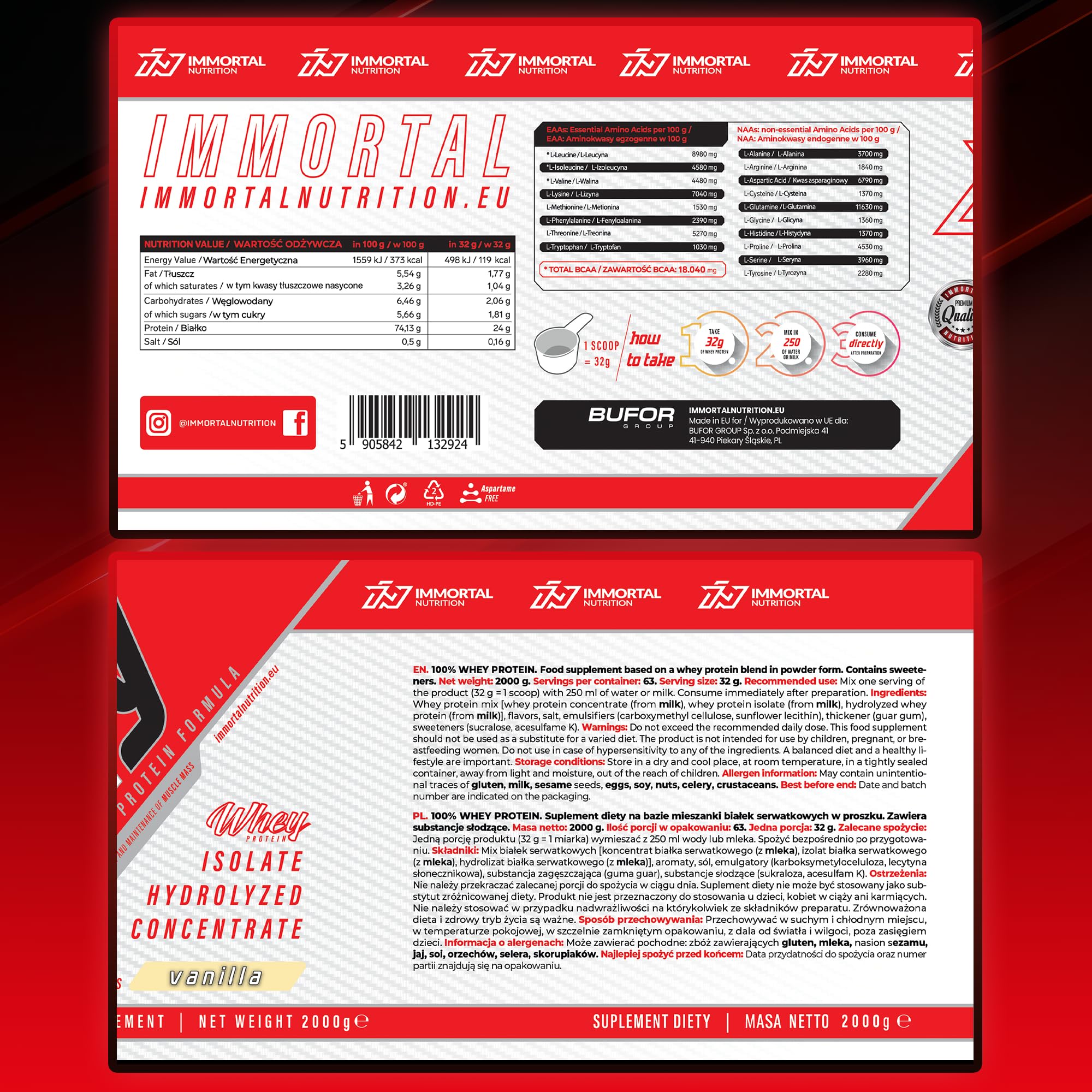 IMMORTAL NUTRITION Whey Protein Instant 2000 g - Białko w proszku z WPC, WPI i WPH | Niska zawartość cukru i tłuszczu | 24 g białka na porcję | Wanilia