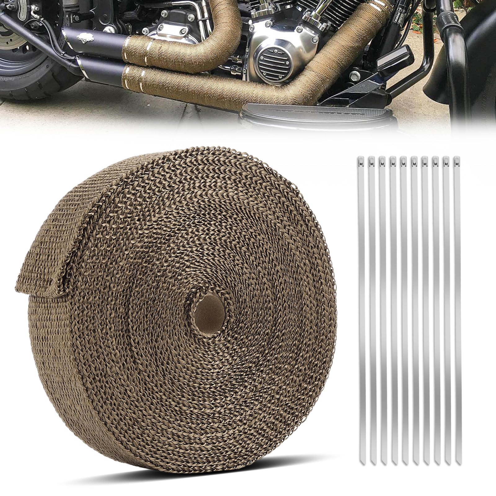 20M*5CM Hitzeschutzband Basaltfaser mit 10 Kabelbinder Edelstahl, Hitzeschutzband Auspuff für Fächerkrümmer Thermoband Krümmerband Auto Motorrad Auspuff (Titanium)