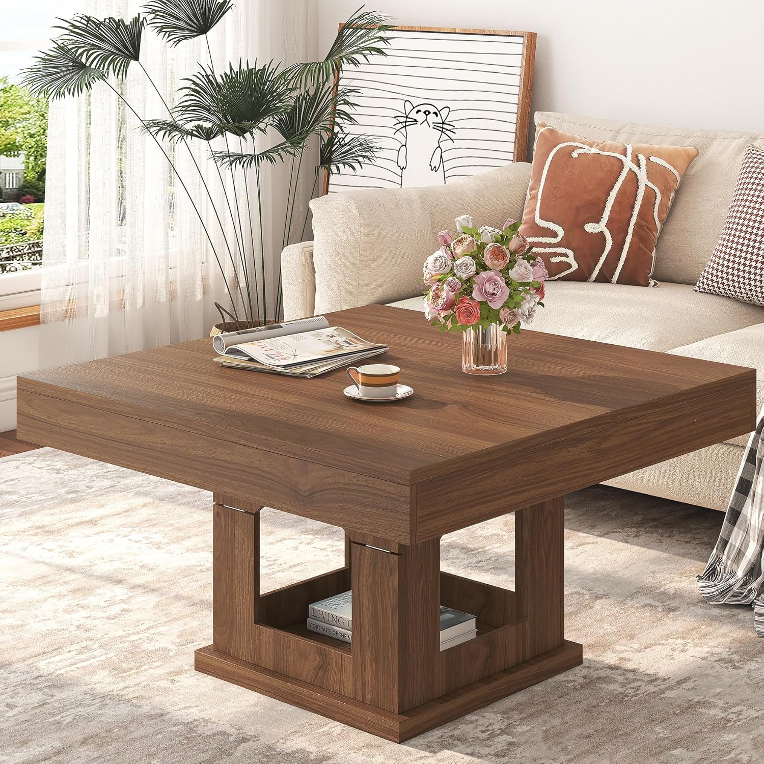 Square Coffee Table, Wood Coffee Table with Storage, Farmhouse Cat House Low Center Tables Cocktail Table for Living Room, Rustic Brown