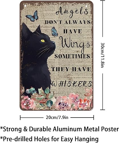 Miniatura 2 de AMOGHASIDDHI Cartel de metal con diseño de gato negro con texto en inglés "Angels Don't Always Have Wings", póster de metal vintage de 8 x 12