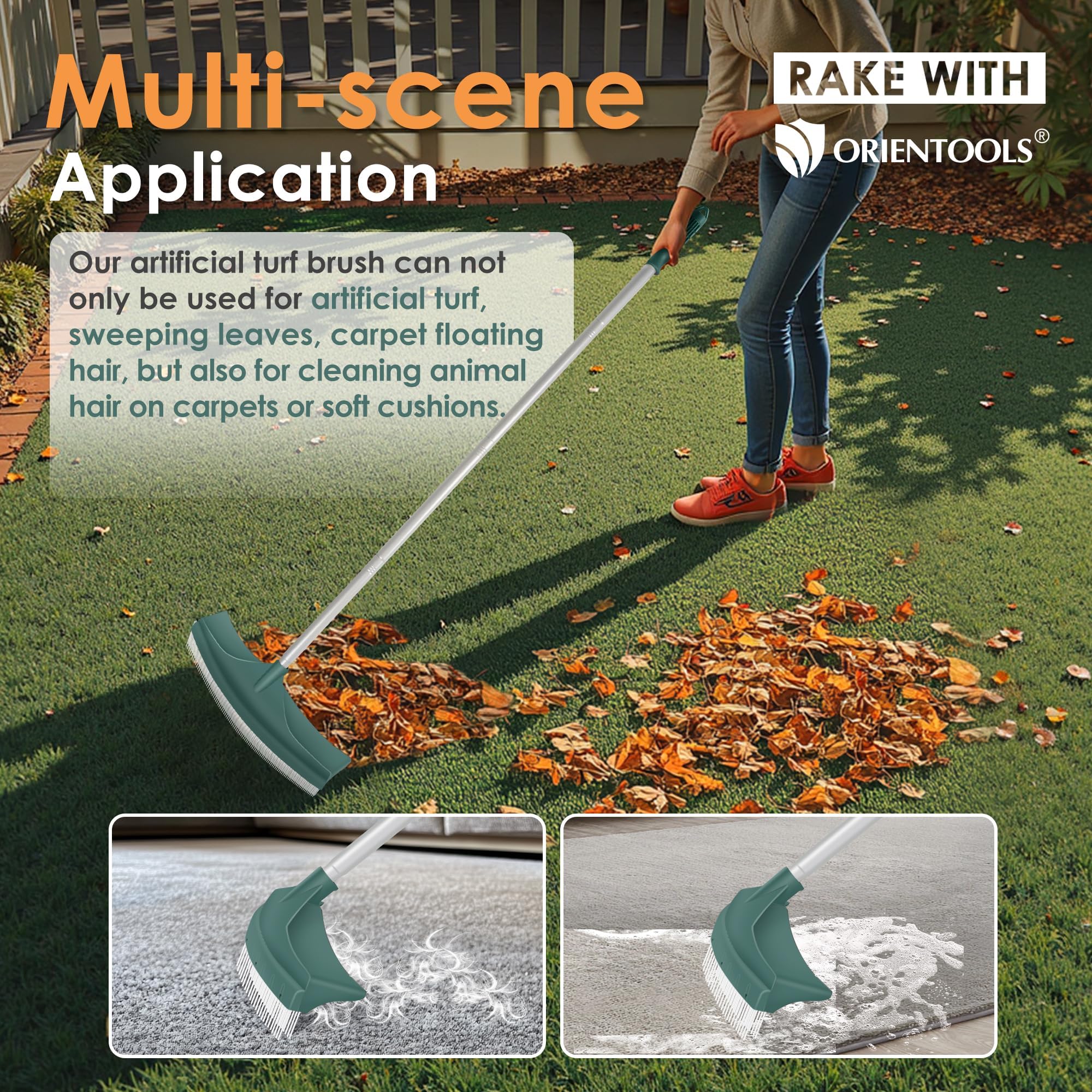 ORIENTOOLS Spazzola per erba artificiale, rastrello curvo per prato artificiale, con manico regolabile in acciaio da 80 a 134 cm, rastrello finto con spazzola in PA per prati e raccogliere foglie