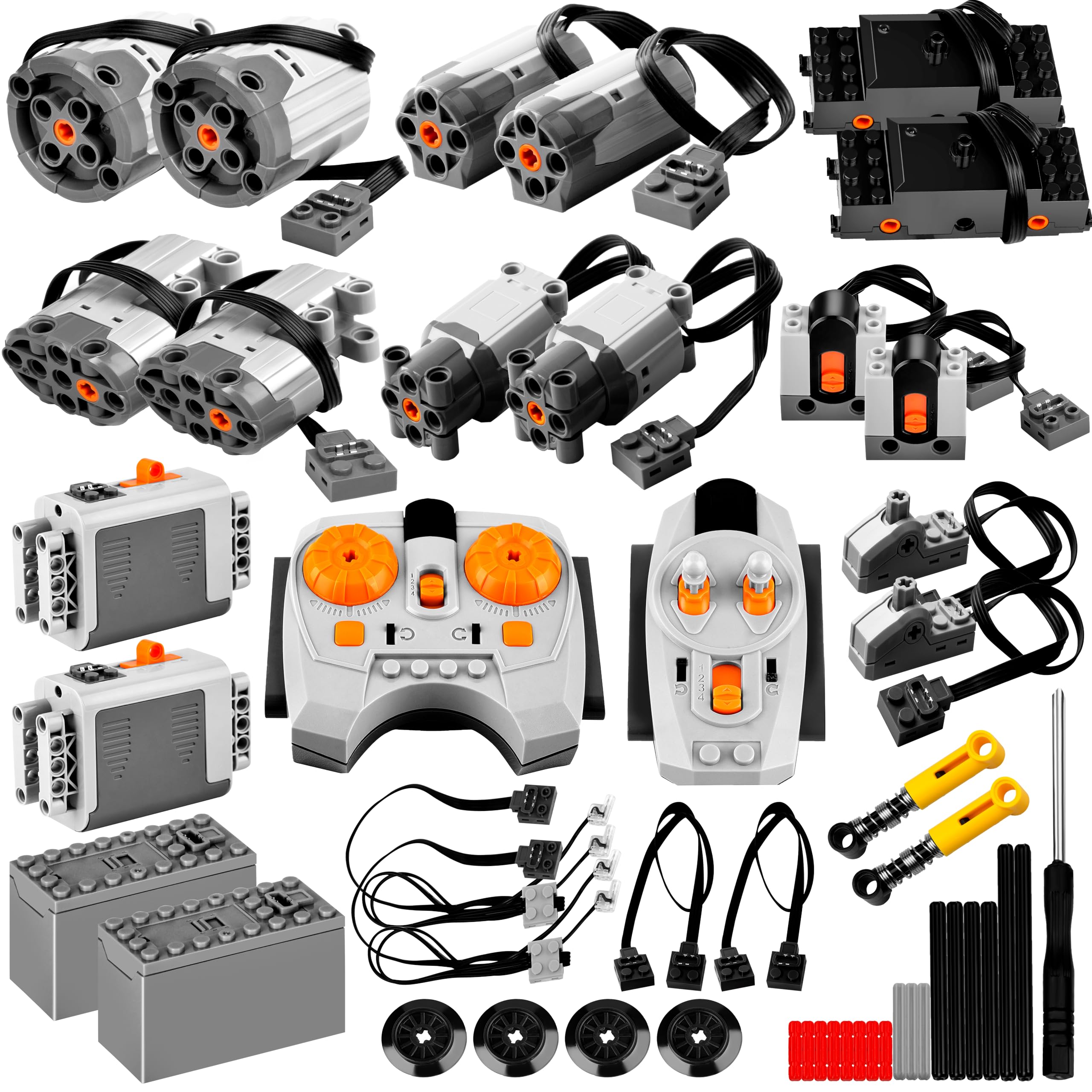 JiaoJiRen 44Pcs Power Function Kit with M/L/XL/Servo/Train-Motor & Infrared Remote Controls Receivers Extension Wire Light Cord Control Switch Compatible with Lego Technic Parts