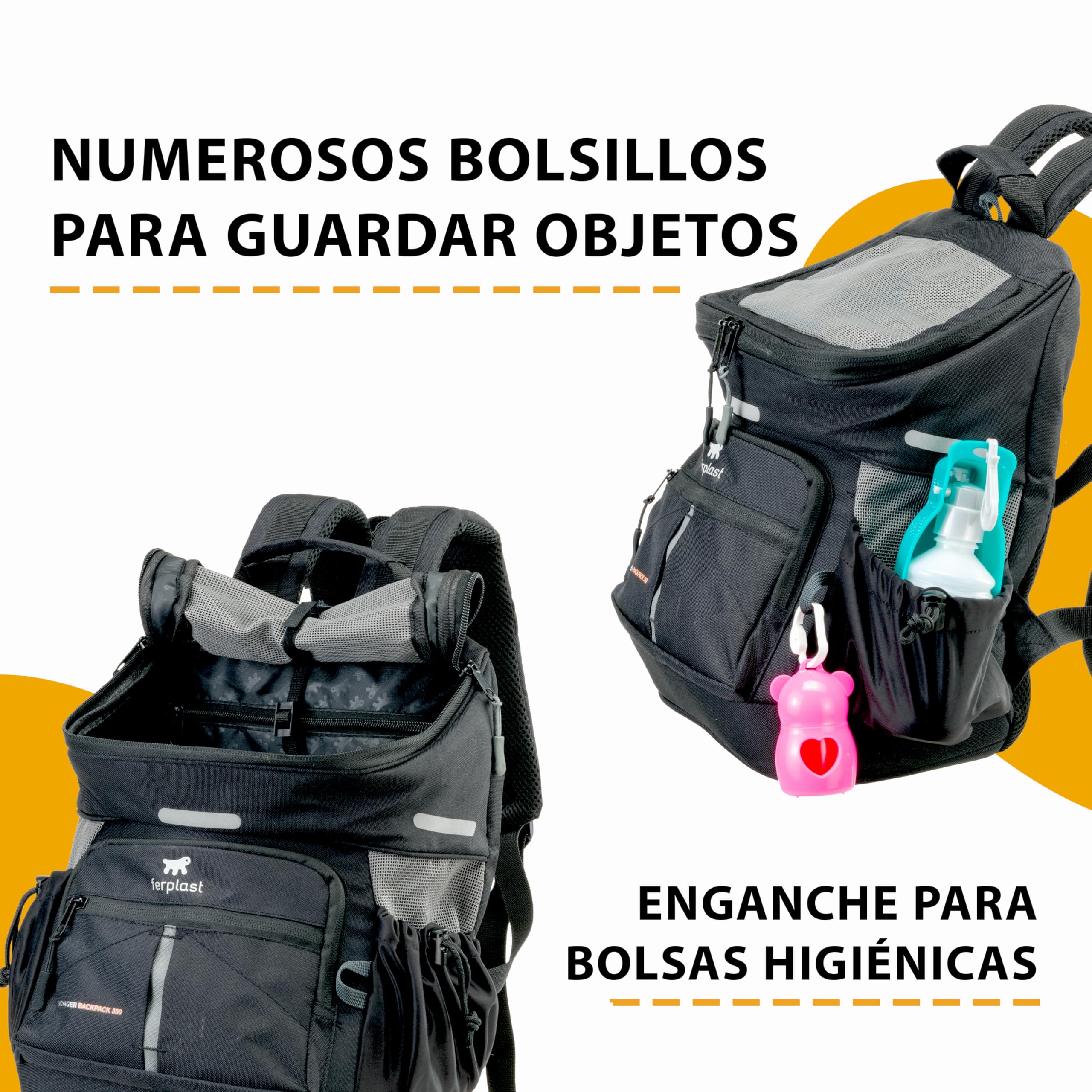 Ferplast Mochila Gato Voyager Backpack, Transportín Gato, Transportin Perro, Mochila, Gatos, Apertura Amplia, Correas Ajustables, Correa de Seguridad, con Cojín, Máx. 10 kg, 29x21x36H, Negro
