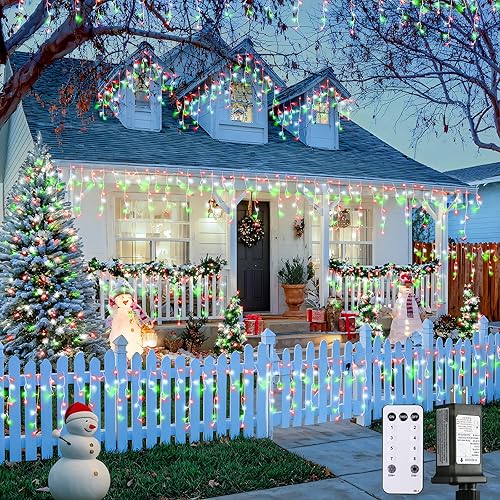 Miniatura 14 de JMEXSUSS 400 luces LED de Navidad de carámbano de 38.8 pies con control remoto, tira de luces multicolor para exteriores enchufables, 8 modos para
