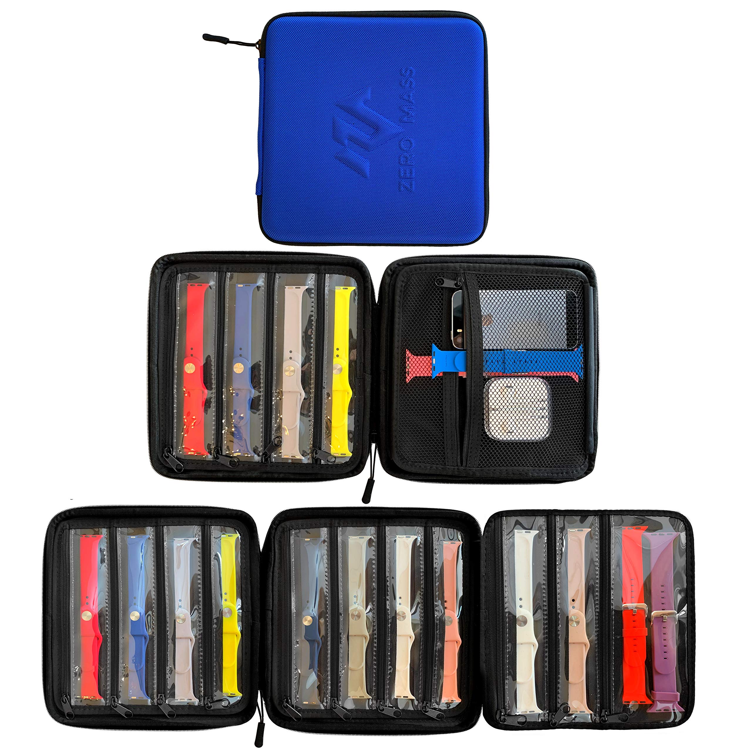 Zero Mass Travel Carrying Case/Folder, Organizer for Apple Watch Bands, Smart Watch Bands, Stores 12-24 Straps, Extra Pocket for Additional Storage (Blue)
