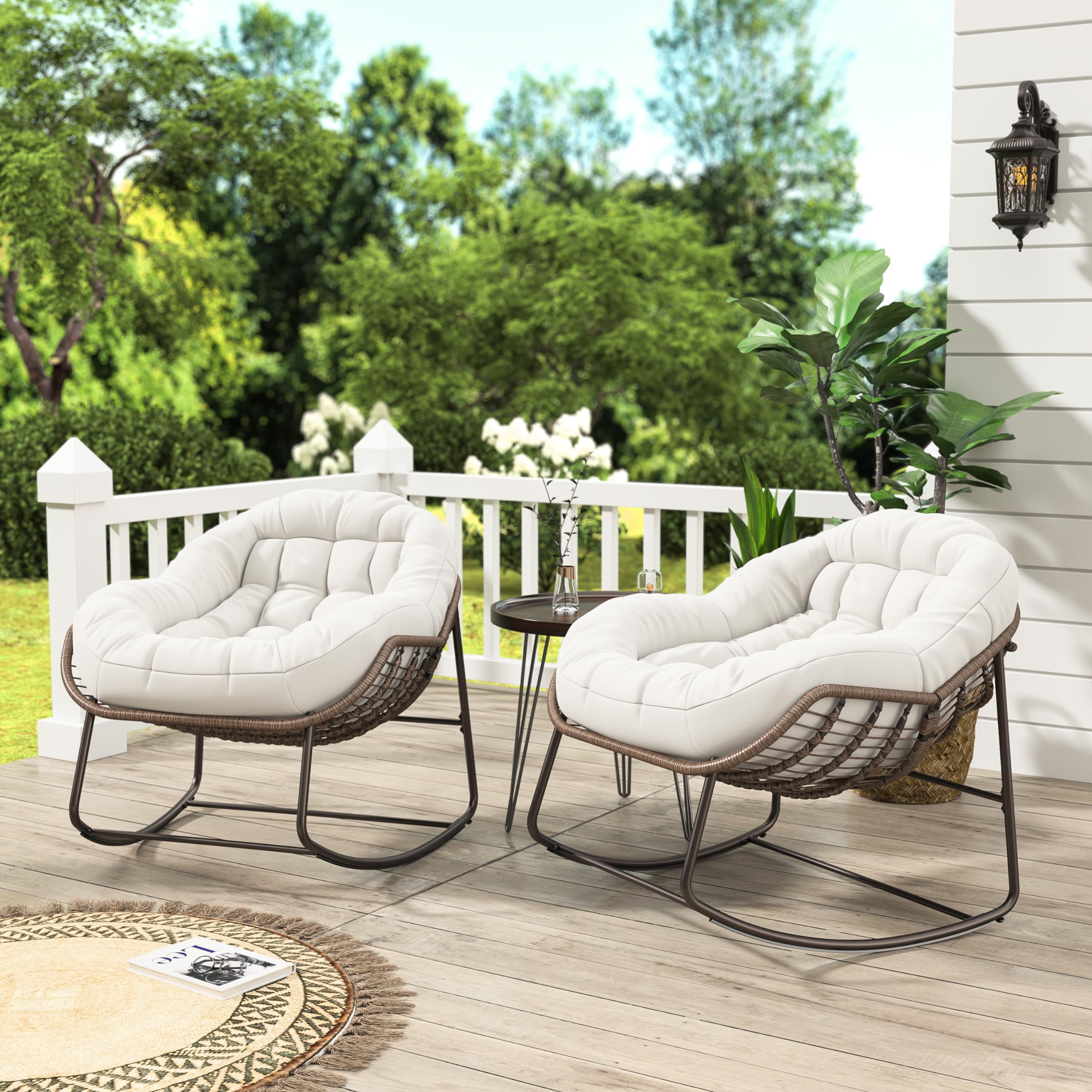 KeepGoon Mecedora de ratán para exteriores con acolchado, estilo escandinavo, silla de lactancia, silla de ocio, silla de ocio, tela impermeable, soporte de acero para salón, dormitorio, patio (beige)