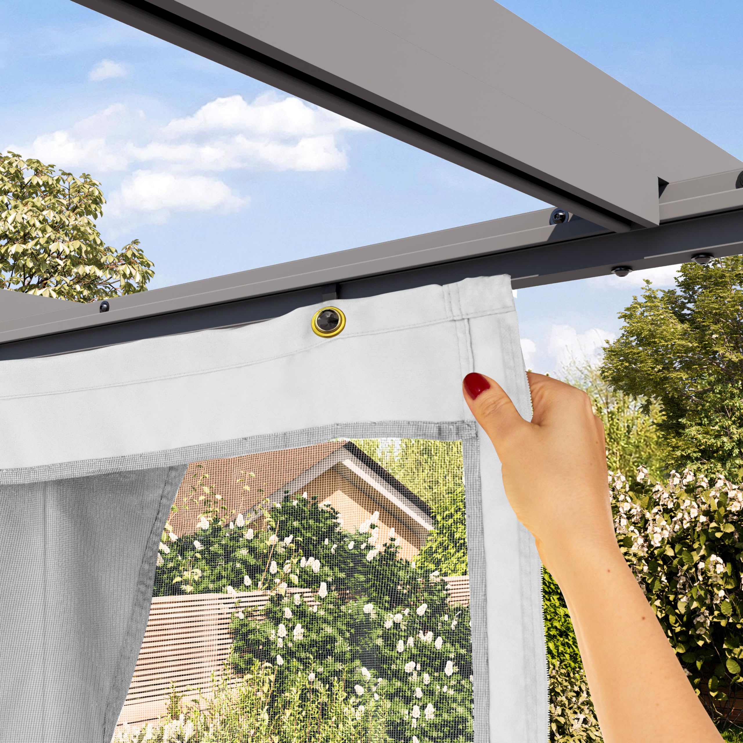PRIMEYARD Moskitonetze für Pergola Classic 3x3 m - Polyester - mit Schienensystem und Reißverschluss - grau