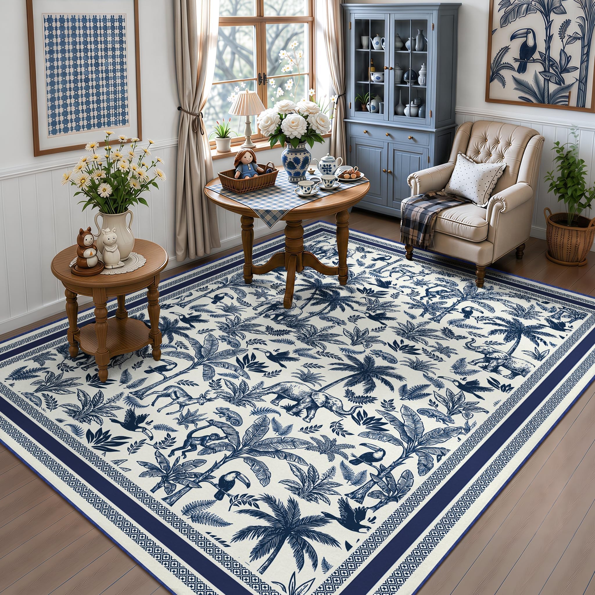 Washable French Country Toile Rug, 5 ft x 7 ft