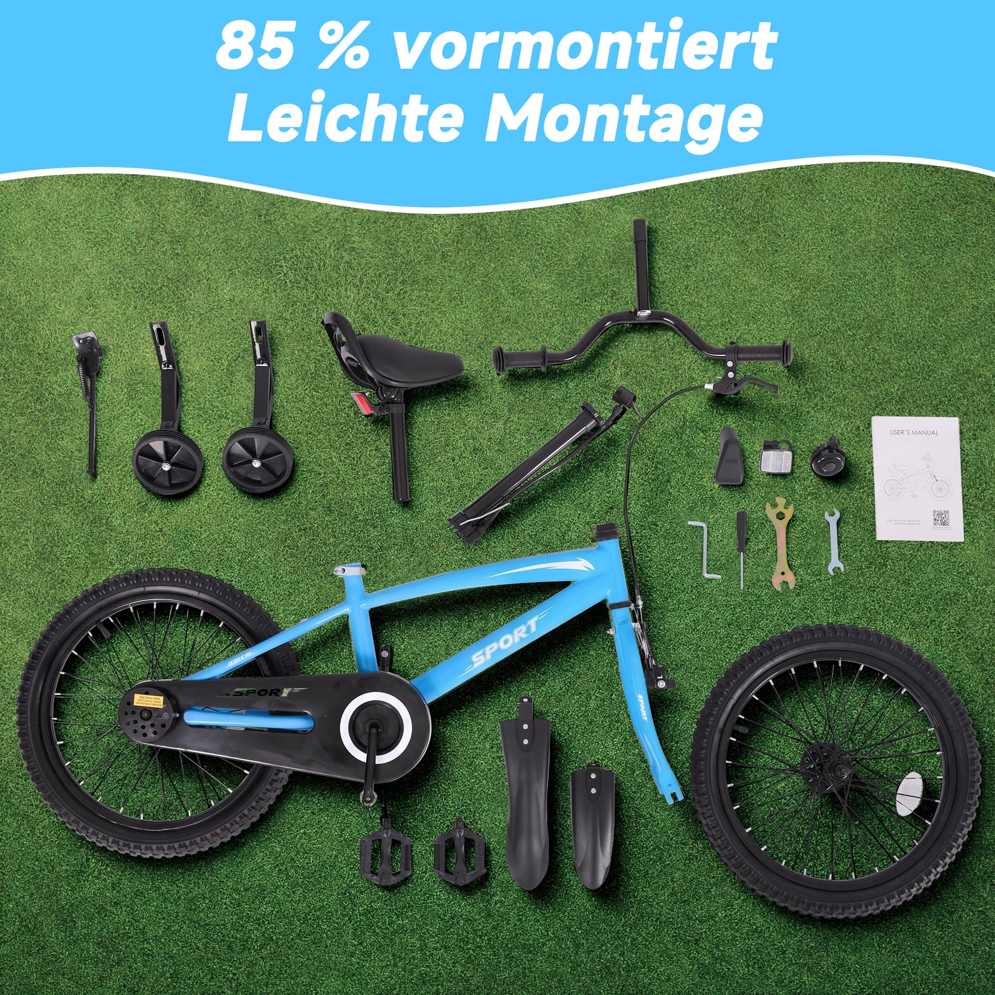 BODIOO Kinderfahrrad 18 Zoll Kinderrad für Jungen und Mädchen mit verstellbarem Sitz, Stützrädern, Handbremse, Rücktrittbremse und stabilem Rahmen für Fahrer von 114-137 cm (Blau)