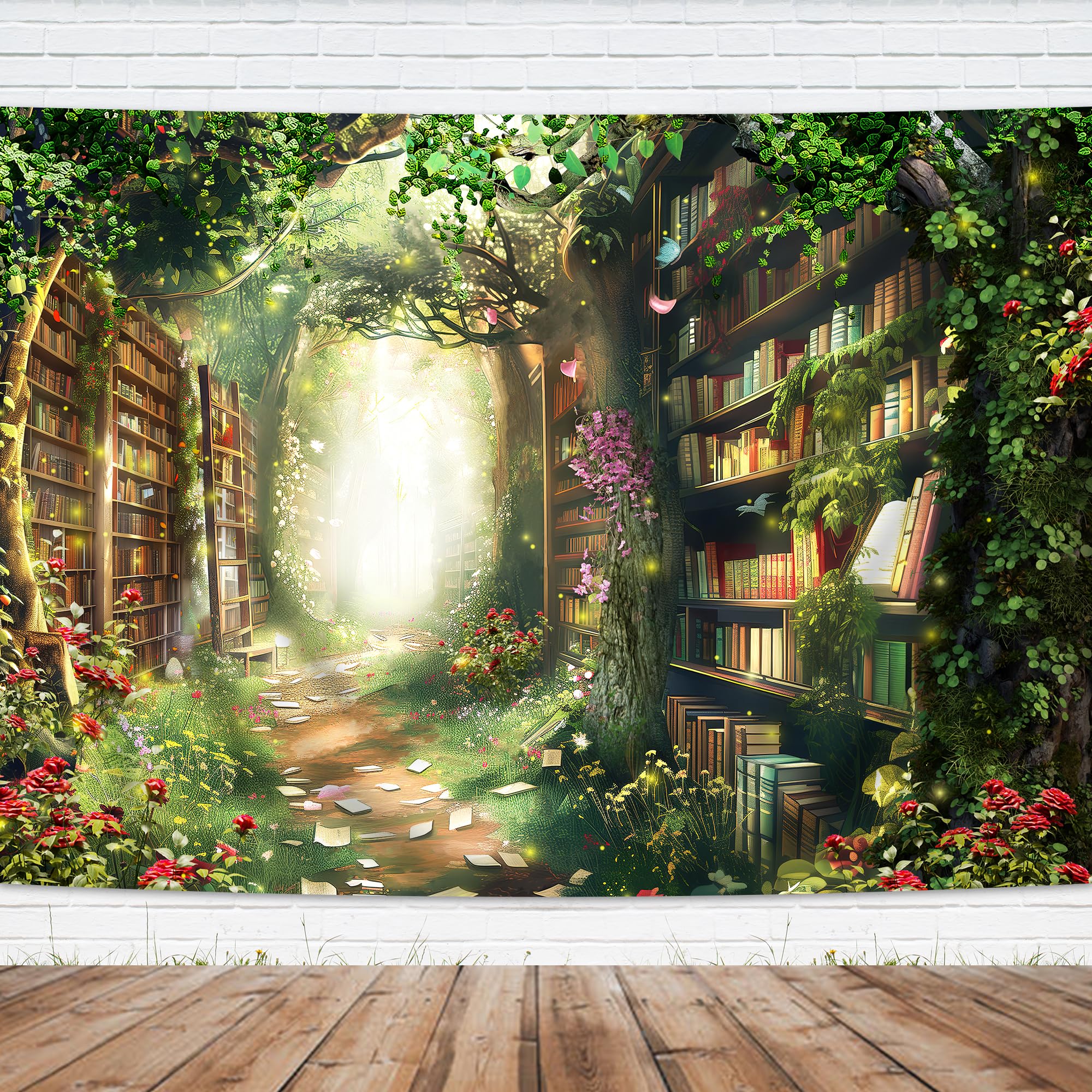 Imirell Fairy Woodland Library Backdrop 7Wx5H Feet Enchanted Garden Tale Reading Bookshelf Green Floral Plant Polyester Fabric Magic Nature