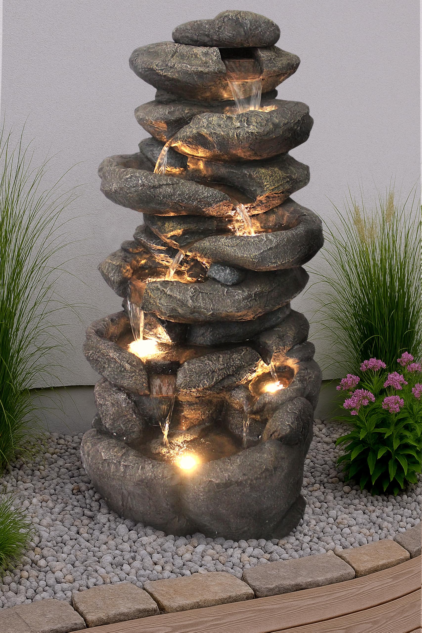 Grande Fontaine de Jardin BK902 avec éclairage LED Fontaine Cascade en Pierre Grande décoration de Jardin Aspect Pierre 100 cm