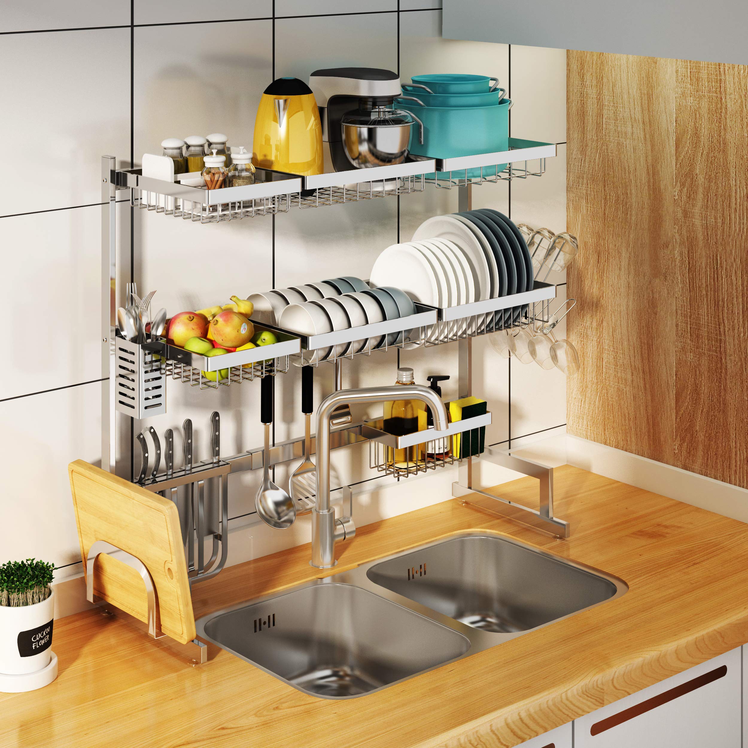 3 Tier Adjustable Over Sink Dish Drying Rack, 2 Cutlery Holders Drainer Shelf for Kitchen Storage Counter Organizer Stainless Steel Display-Kitchen Space Save Must Have (34?Sink Size?44.5inch, silver)