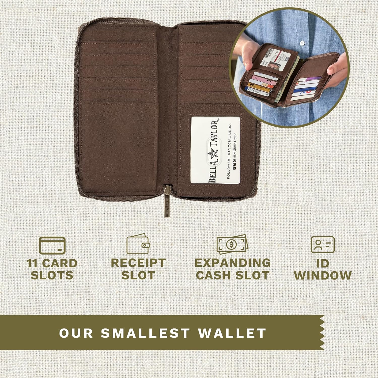 Bella Taylor Slim Card Wallet for Women | Quilted Cotton Fabric Zip Around Credit Card Wallet with RFID Protection | Vintage Vine Brown - Image 4
