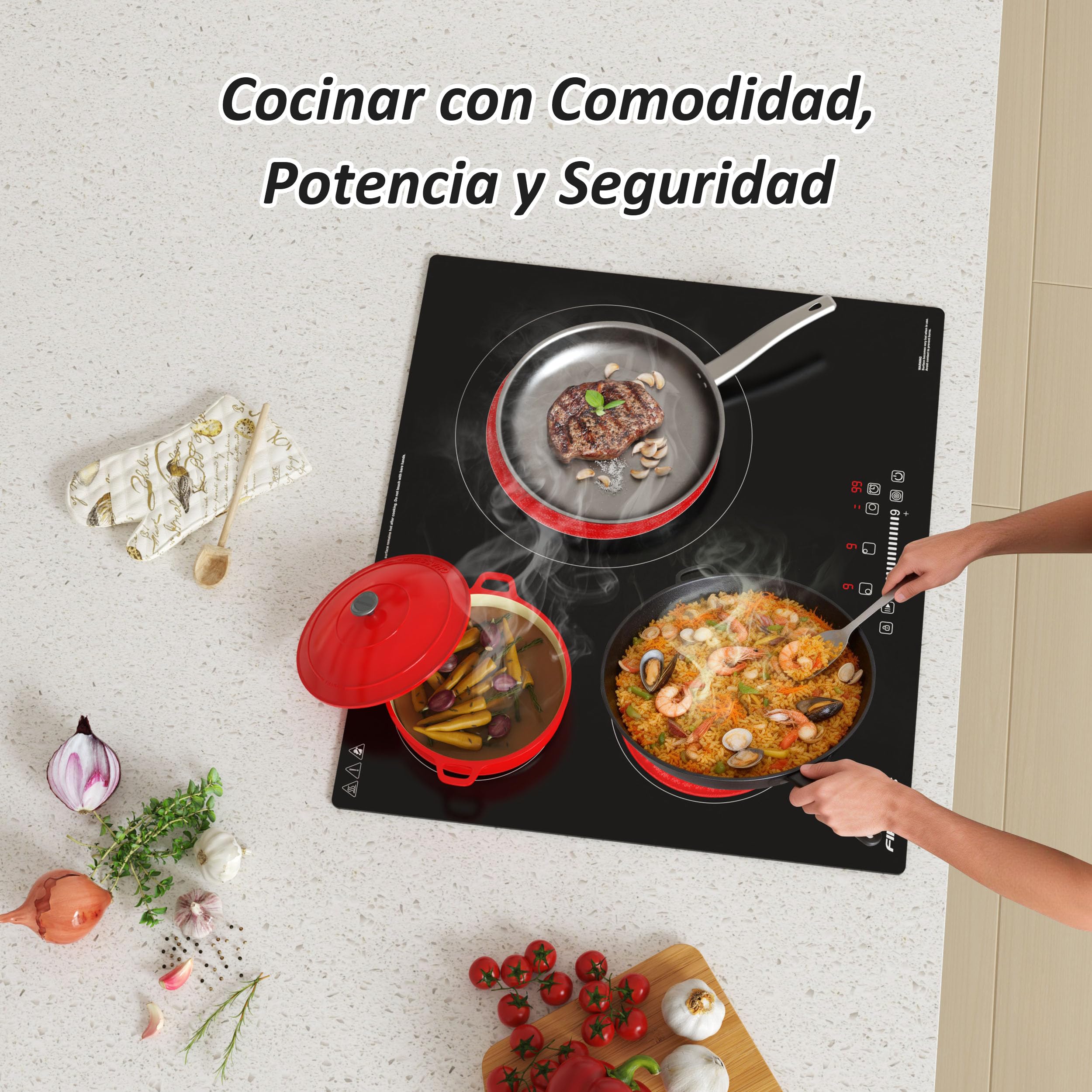 FIREGAS Placa Vitrocerámica Encastrable de 60 cm, 3 Fuegos, 5900 W, Control Táctil, 9 Niveles de Potencia, Temporizador y Bloqueo Infantil