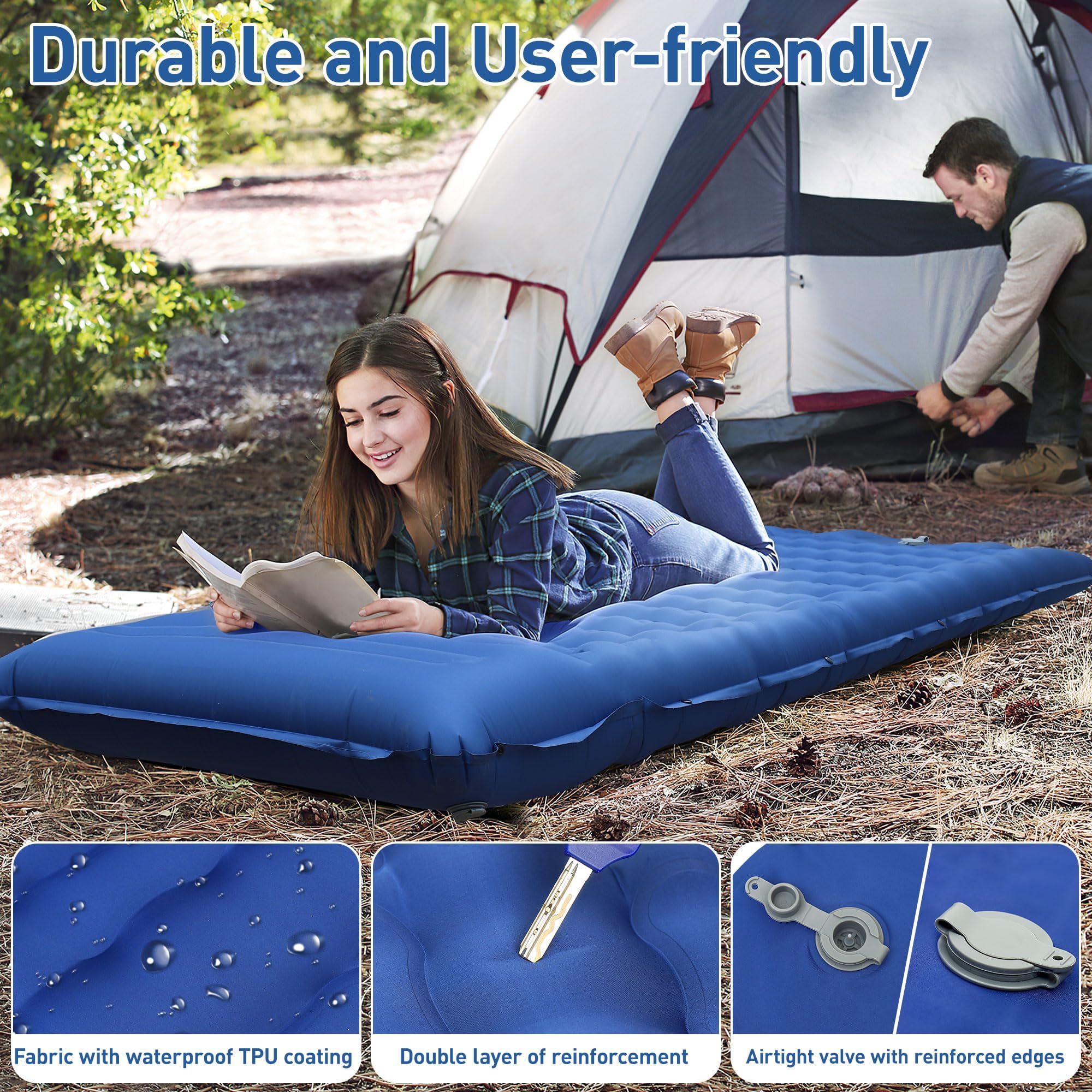 Isomat Camping pogrubiony materac dmuchany 12 cm z pompką nożną, zapobiega utracie powietrza, ultralekki, wodoszczelny, na zewnątrz (granatowy)