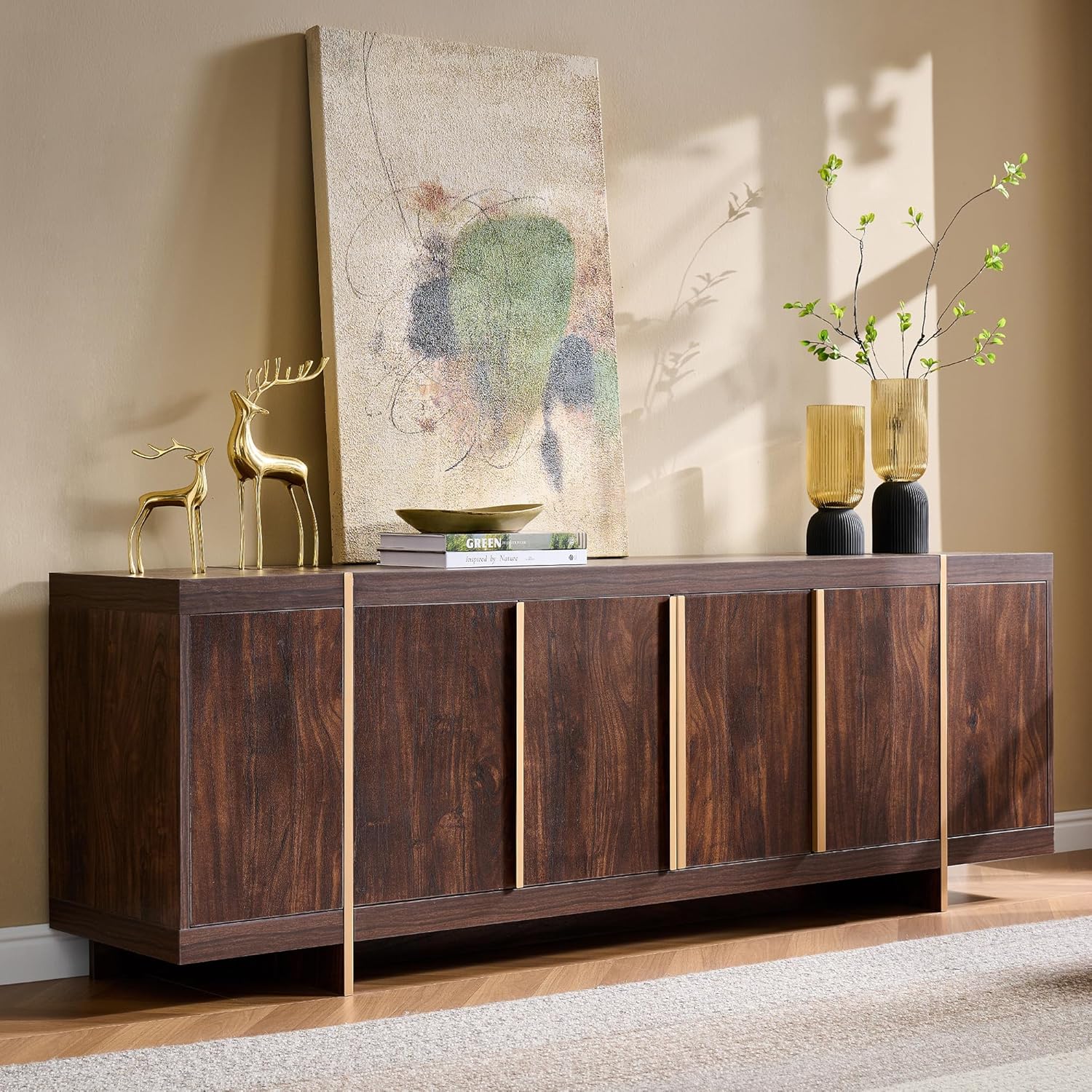 OKD Modern 70" TV Stand,Entertainment Center for TVs Up to 80",TV Console with Storage,Integrated Plinth,Handle-Free Hidden Doors Design,Media Console for Living Room,Bedroom(Dark Walnut)