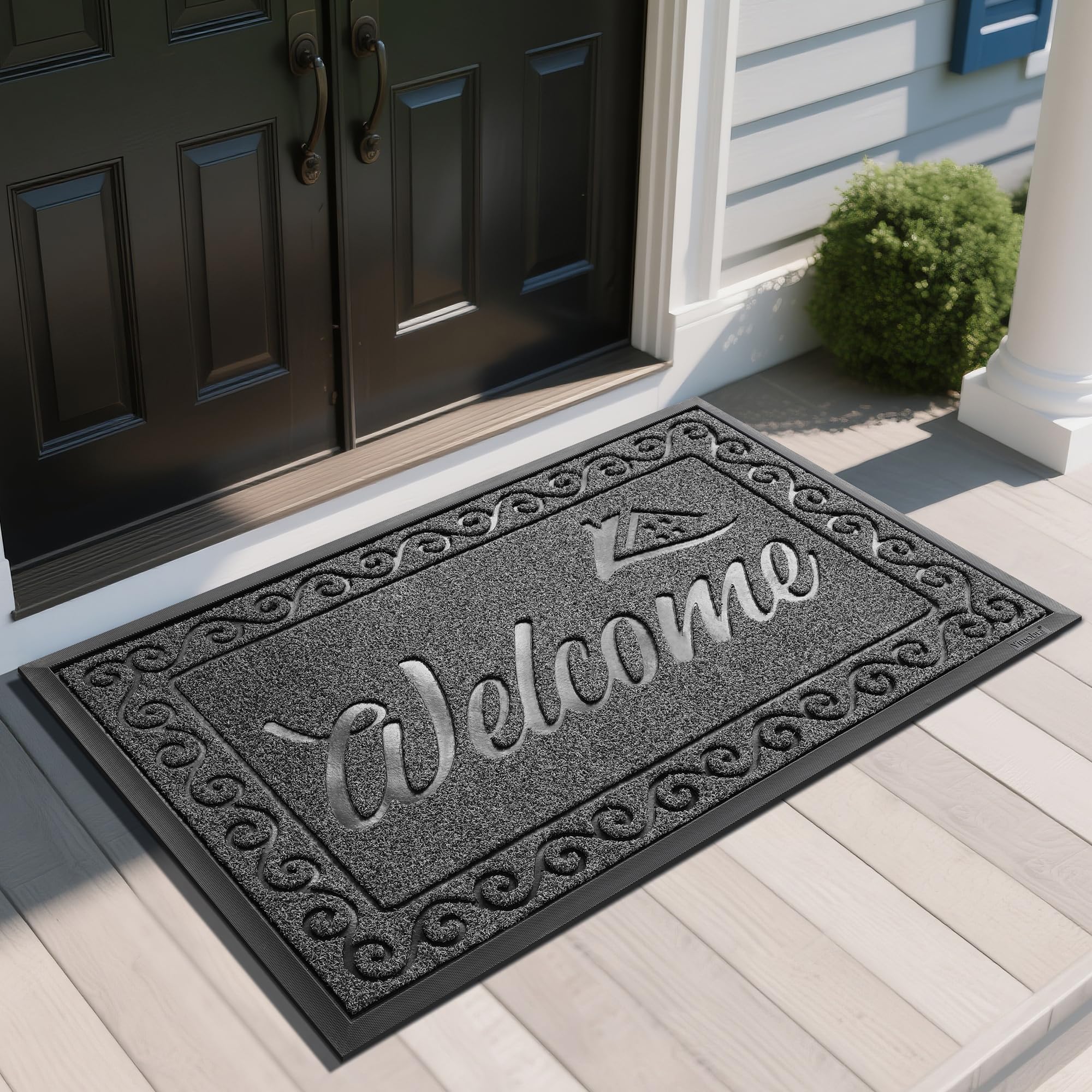 Welcome Mat, Heavy Duty Sturdy Door Mats for Home Entrance Outdoor Indoor, Front Doormat for Outside Patio Floor Entry Porch Garage Office, Waterproof, Low Profile, 47X32 Inches, Black Grey