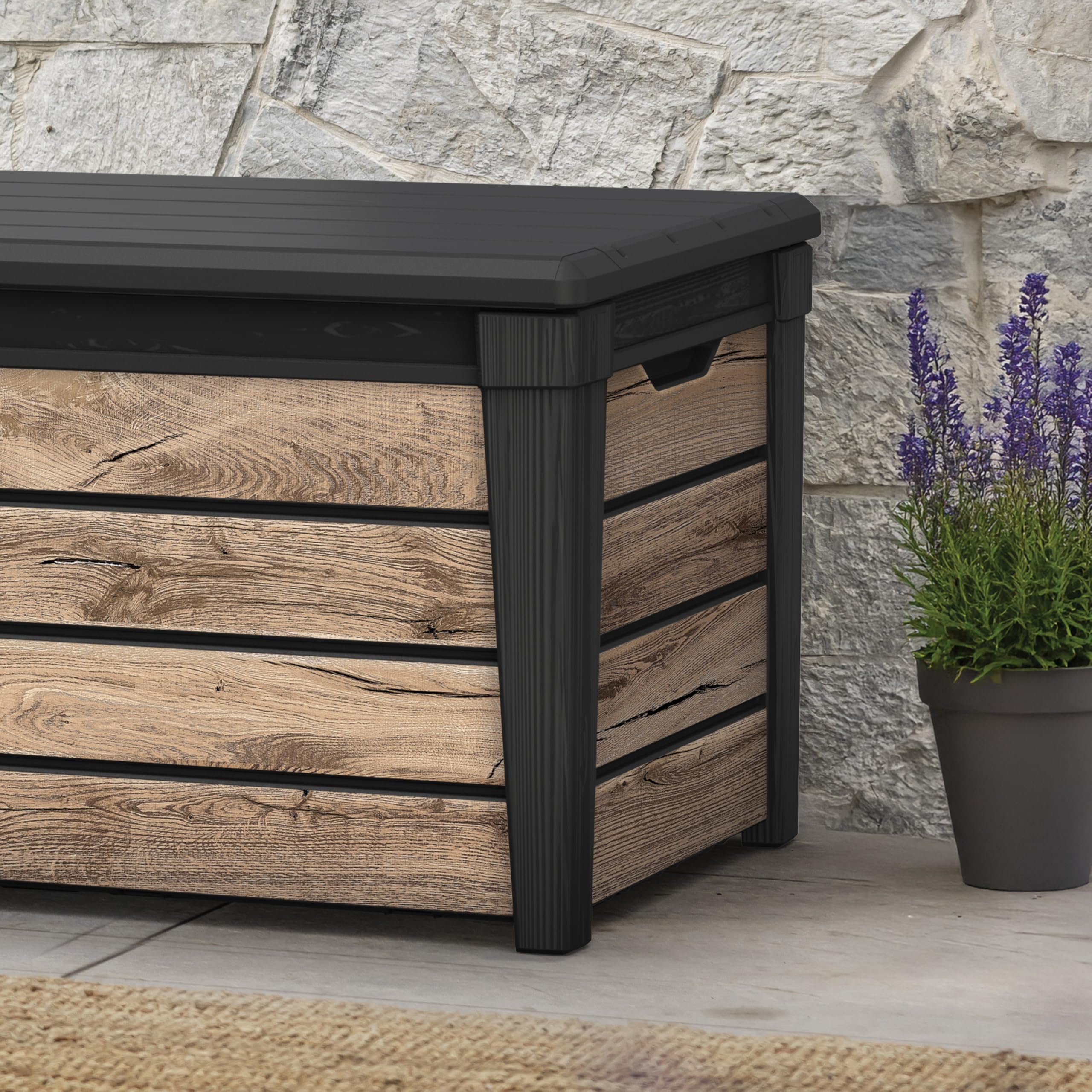 Keter Brightwood - Scatola da giardino in legno di pino, 454 litri, coperchio con molle a gas, portata fino a 300 kg, resistente alle intemperie, impermeabile, resistente ai raggi UV, in plastica