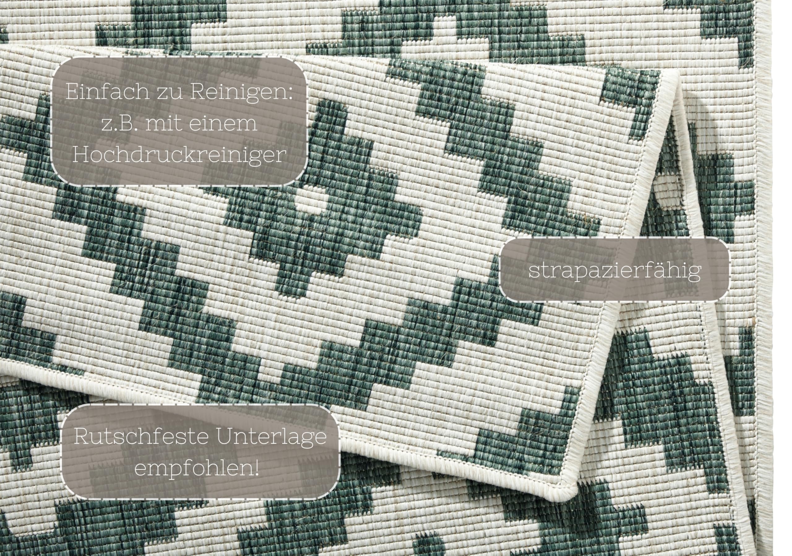NORTHRUGS In- und Outdoor Teppich Malta 240x340 cm - Wendeteppich Wetterfest Modernes Geometrisches Muster Teppich für Balkon Terrasse Garten Wintergarten Wohnzimmerteppich Wasserfest in Grün Creme