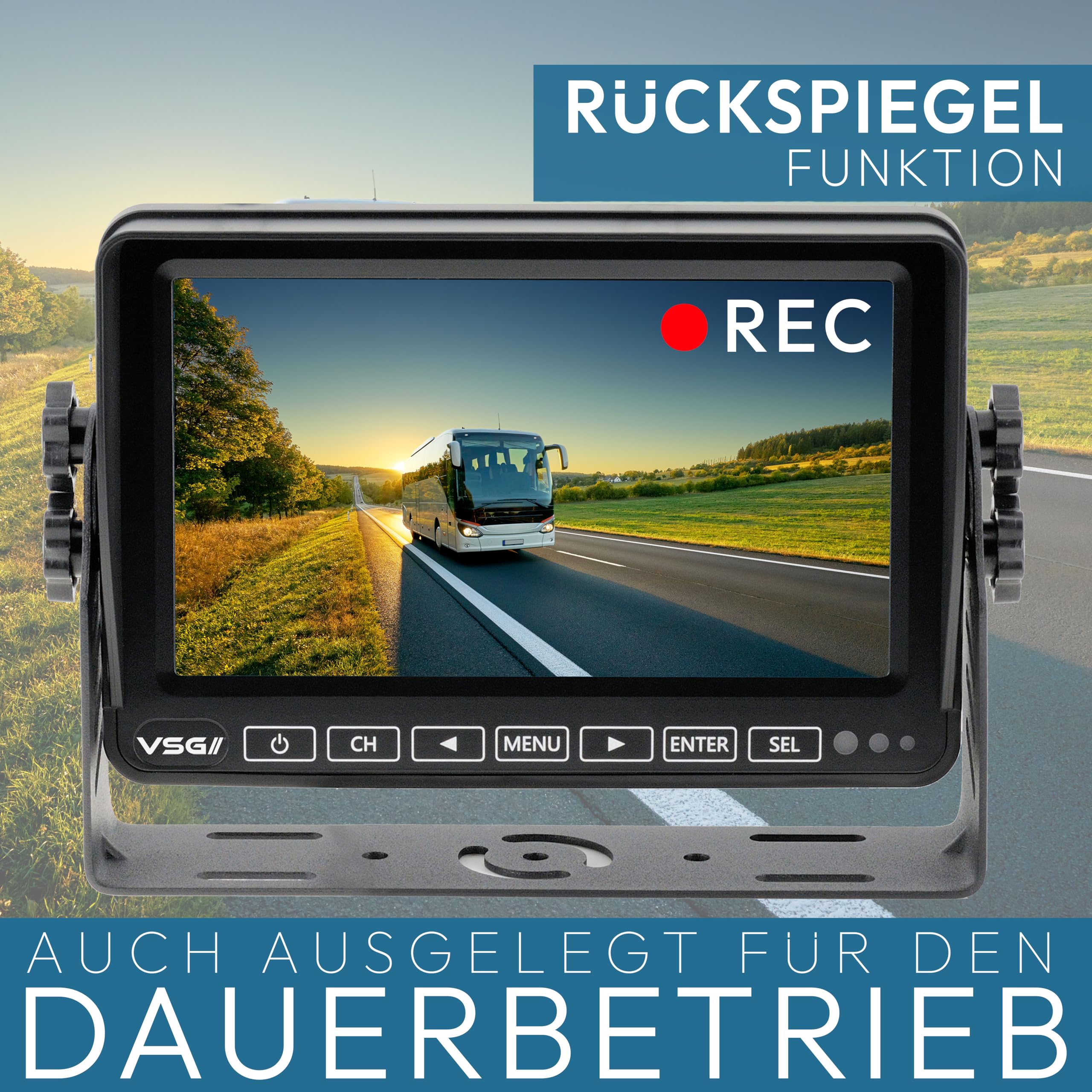 VSG24 Excellent HD Rückfahrmonitor – 7 Zoll Full HD Monitor – 4 Kameraeingänge – Touchdisplay – Loop-Aufnahme – 12 bis 32 V – für Wohnmobil, LKW & Transporter