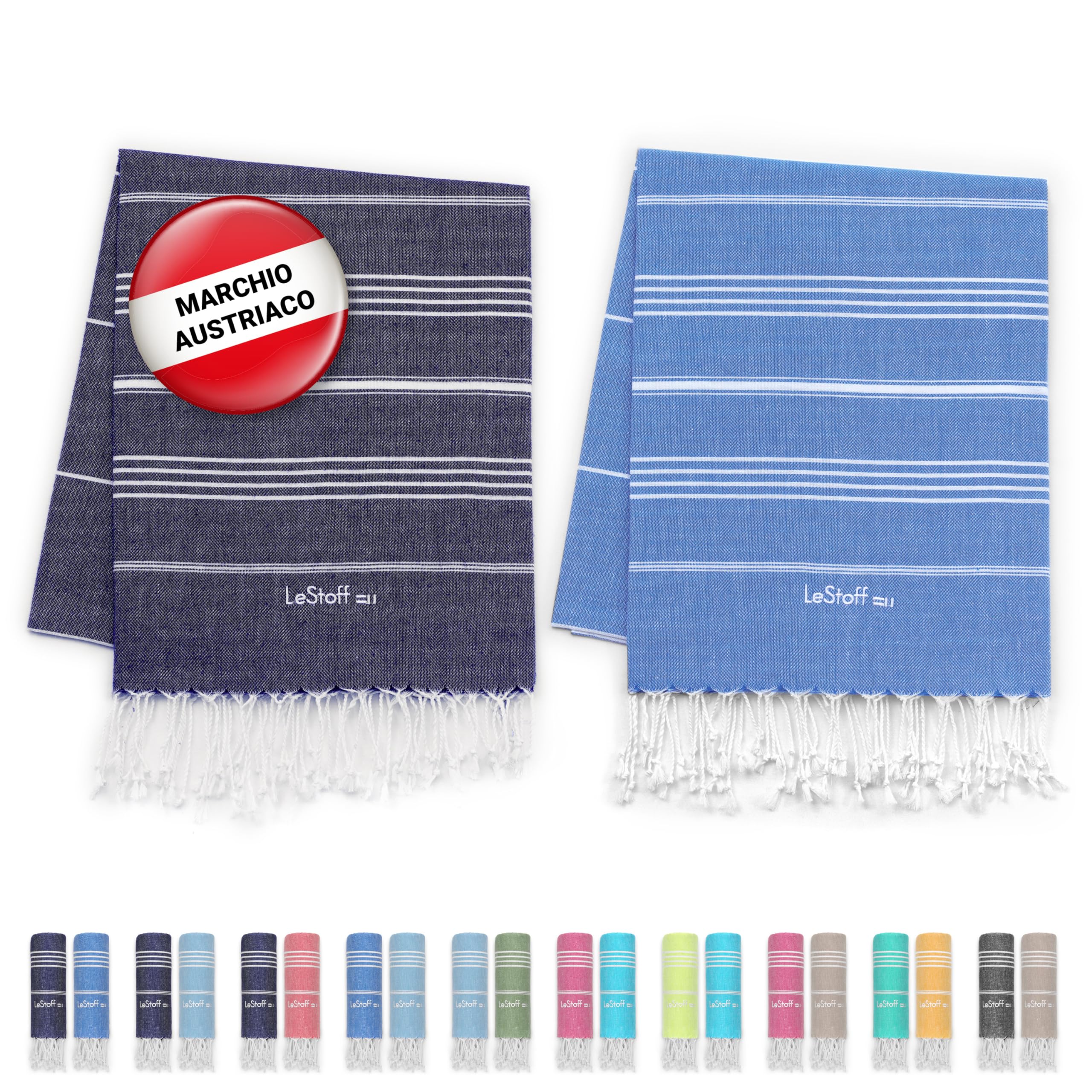 LeStoff Set di 2 asciugamani per hammam, 95 x 180 cm, 100% cotone biologico, prelavati, sostenibili, assorbenti e ad asciugatura rapida, da viaggio, da campeggio, da sauna, telo mare (blu navy + cielo