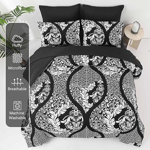 Miniatura 3 de Anibedding Juego de edredón negro tamaño Queen de 7 piezas, juego de edredón de damasco bohemio de microfibra suave y ligera para todas las