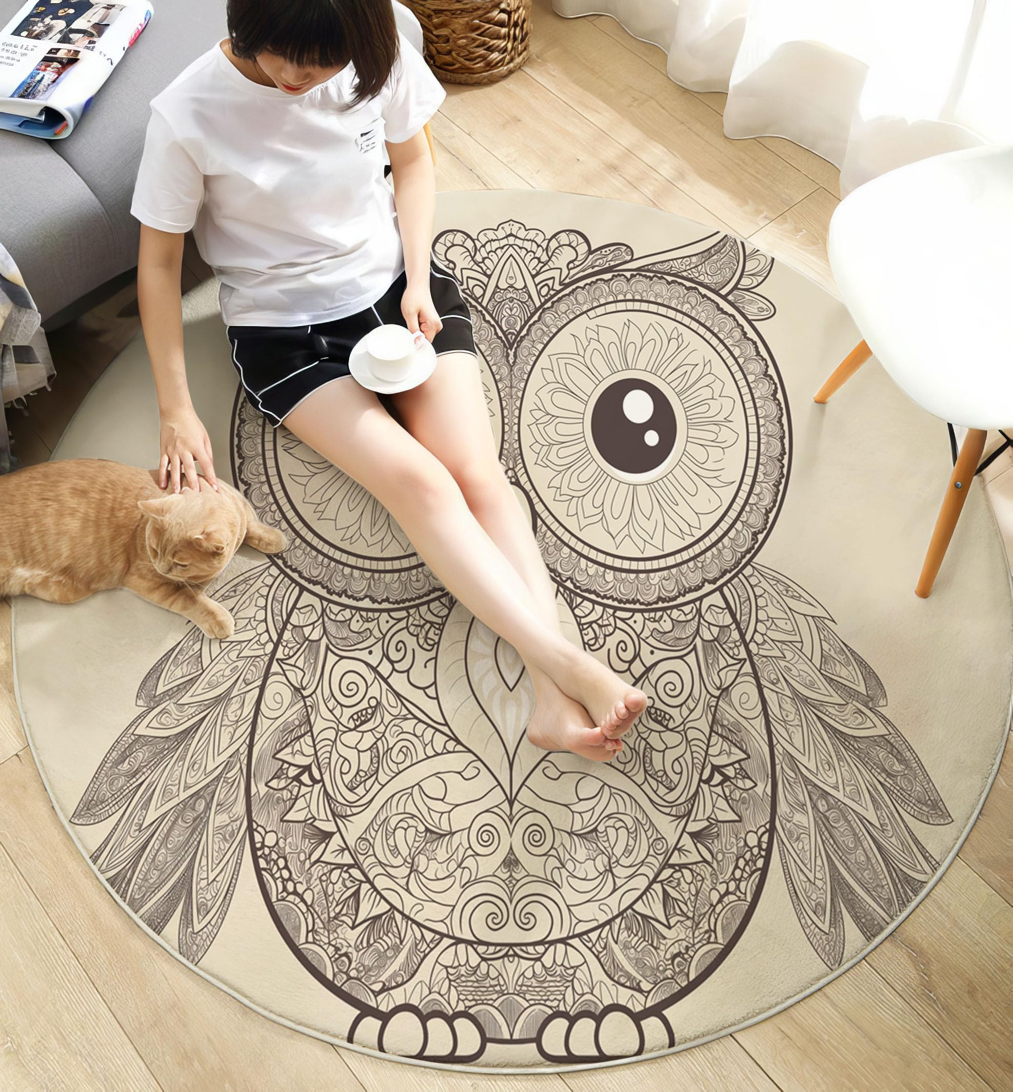 Gufo Animale Tapis Rond Antidérapant, Mandala Tapis Ronde De Salon Doux Antidérapant pour Décoration Salle à Manger Chambre Canapé (160cm, Grigio)
