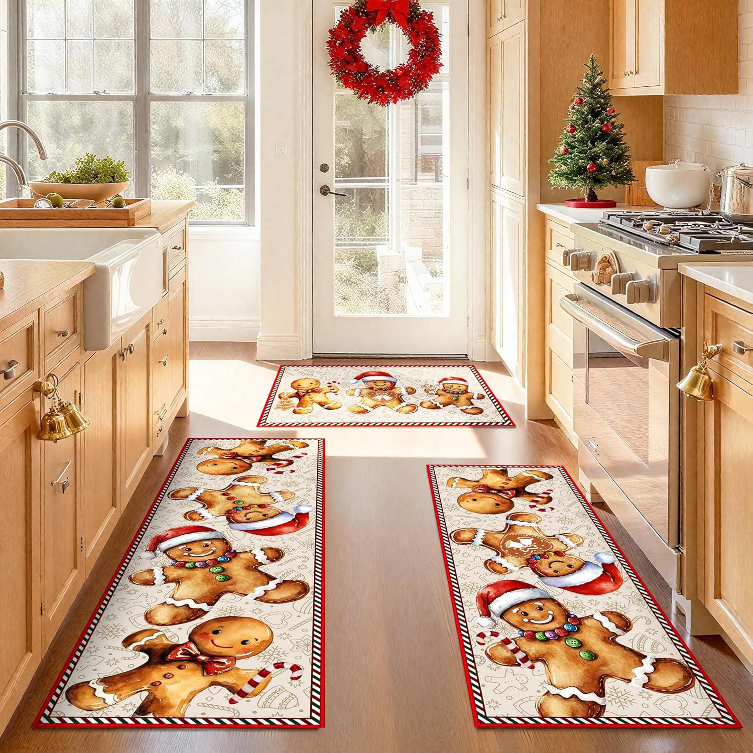 Christmas Kitchen Rugs, Sets of 3 Non-Slip Washable Rug with Rubber Backing Christmas Decoration for Home Comfort Floor Mat for Entryway, Hallway - Gingerbread Man, 17"x30"+17"x47"+17"x59"