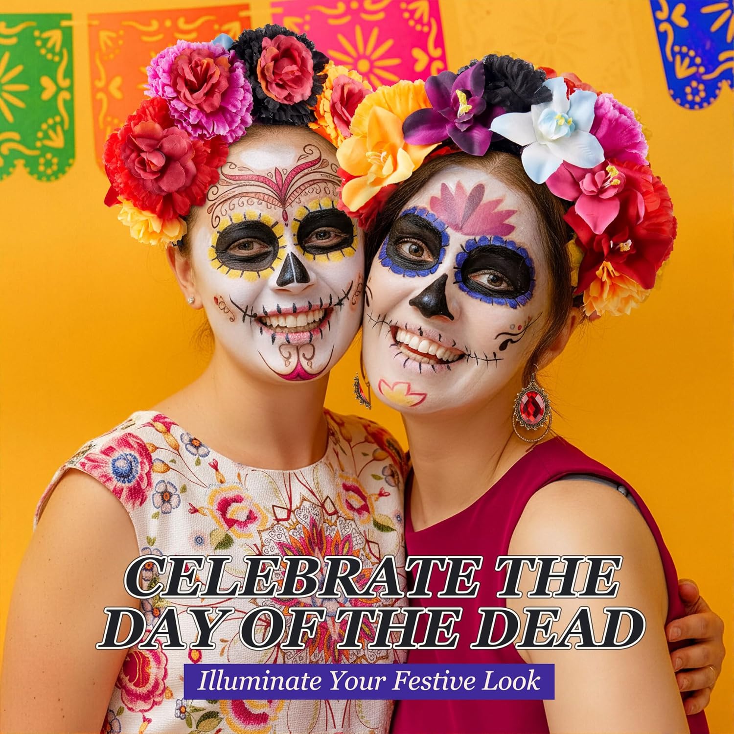 4 Pcs Day of The Dead Costume Accessories Kit for Women Mexican Rose Flower Crown Headband Black Lace Gothic Choker Necklace Bracelet Earrings for Halloween Dia De Los Muertos Costume Party - Image 5