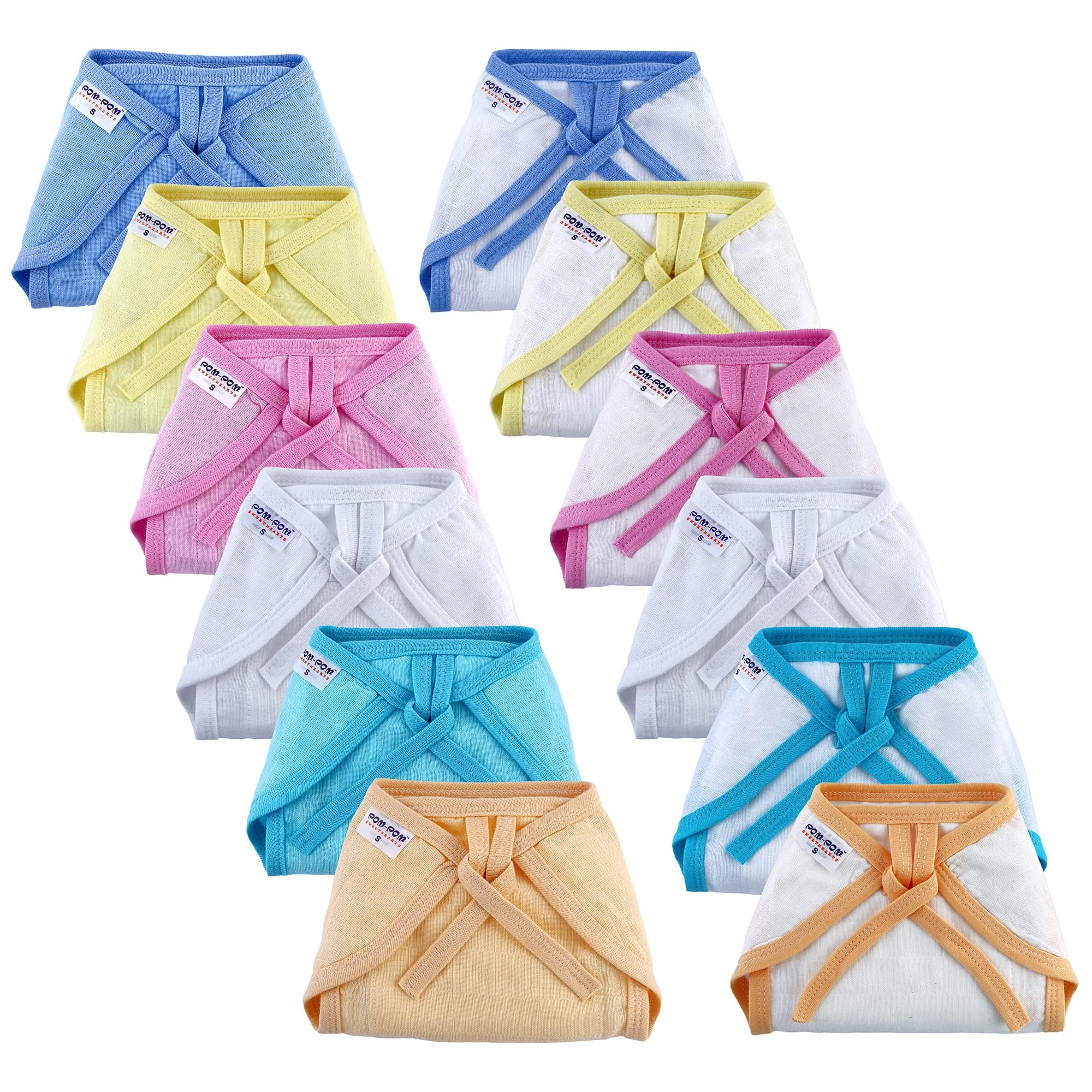 Pom Pom Sweethearts Tie up Nappy For Babies, Reusable, Washable Soft Muslin Cotton Nappy/Langot for New Born Baby | Gentle on Baby Skin | Helps in Potty Training | 6-9 months | Pack of 12 | Combo-image-8